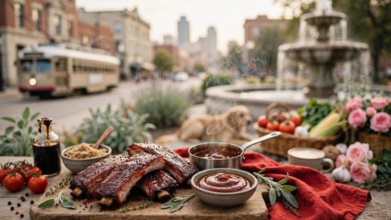 A bowl of barbecue sauce sits beside smoked ribs and cooking ingredients.