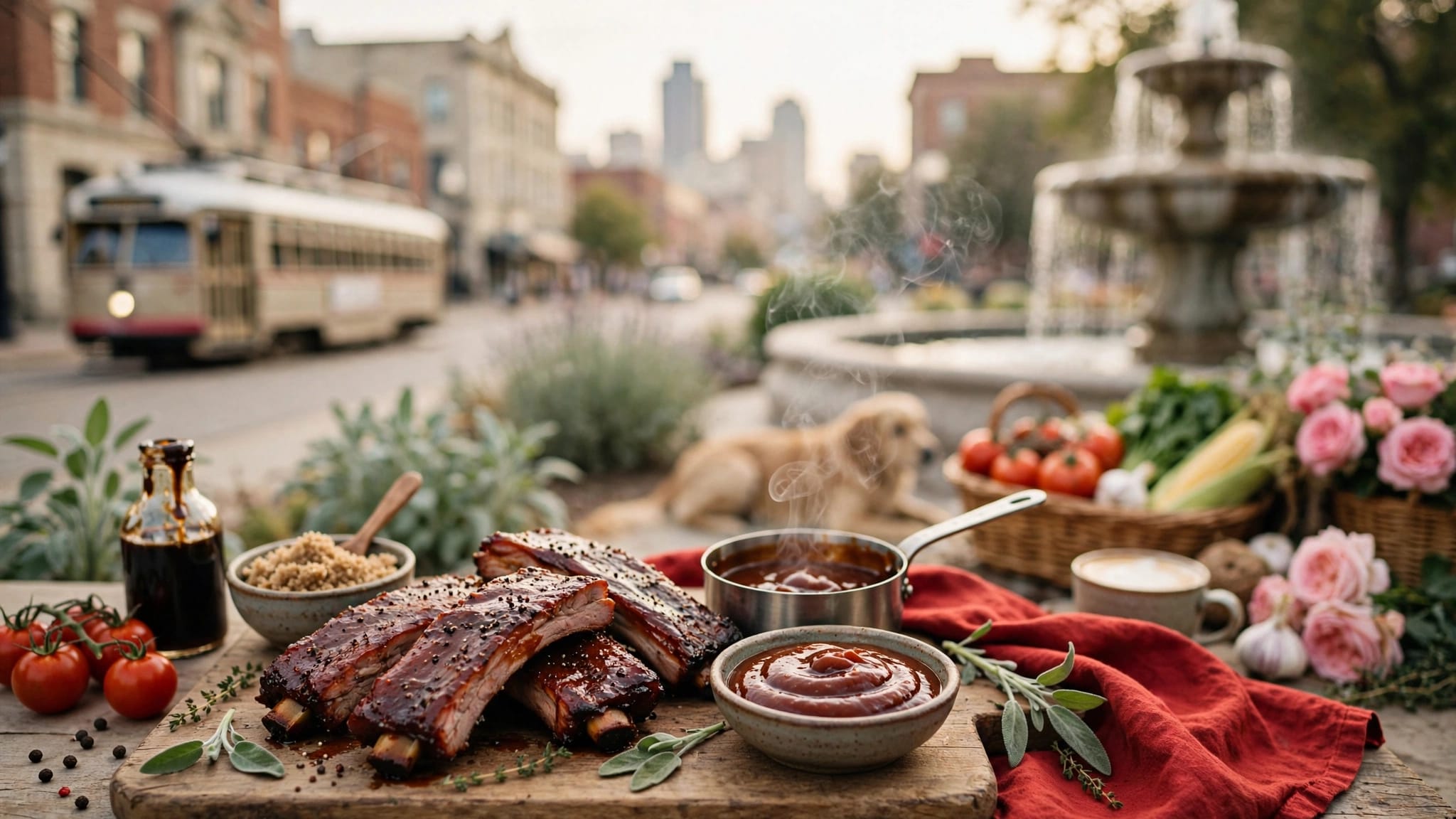 A bowl of barbecue sauce sits beside smoked ribs and cooking ingredients.