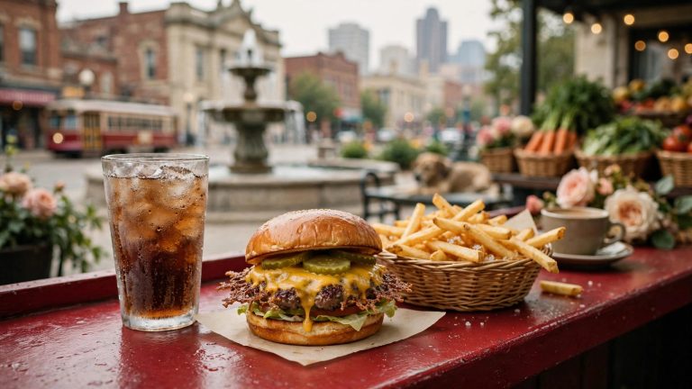 Cheeseburger with pickles, fries, and a frosty soda on a red diner counter.