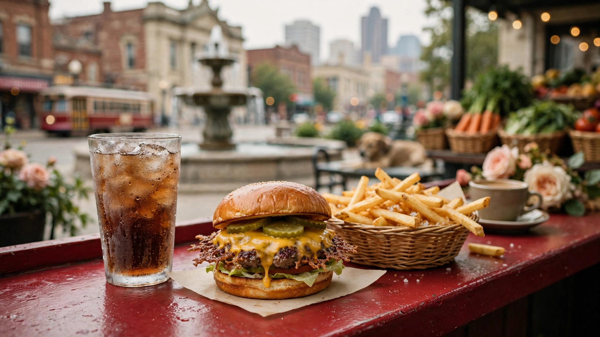 Cheeseburger with pickles, fries, and a frosty soda on a red diner counter.
