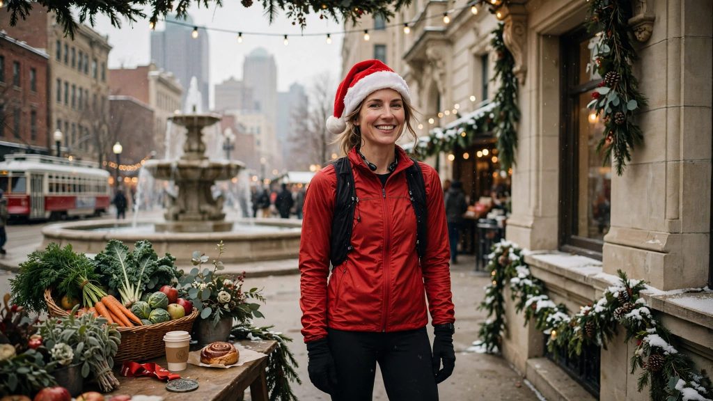 Runner in a Santa hat stands beside a festive Kansas City race finish.