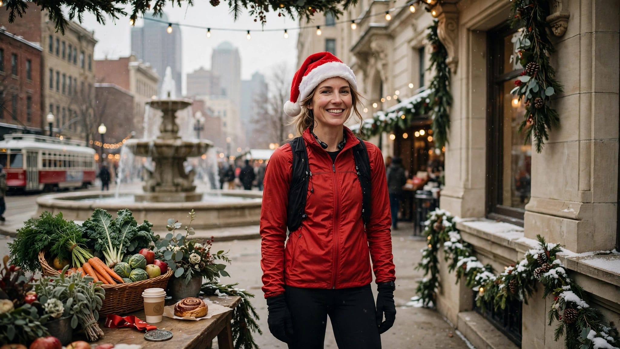 Runner in a Santa hat stands beside a festive Kansas City race finish.