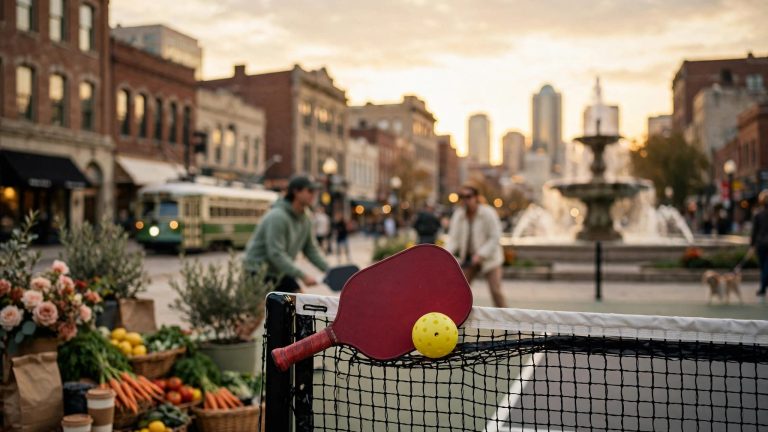 A red paddle and yellow ball sit on a pickleball net at sunset.