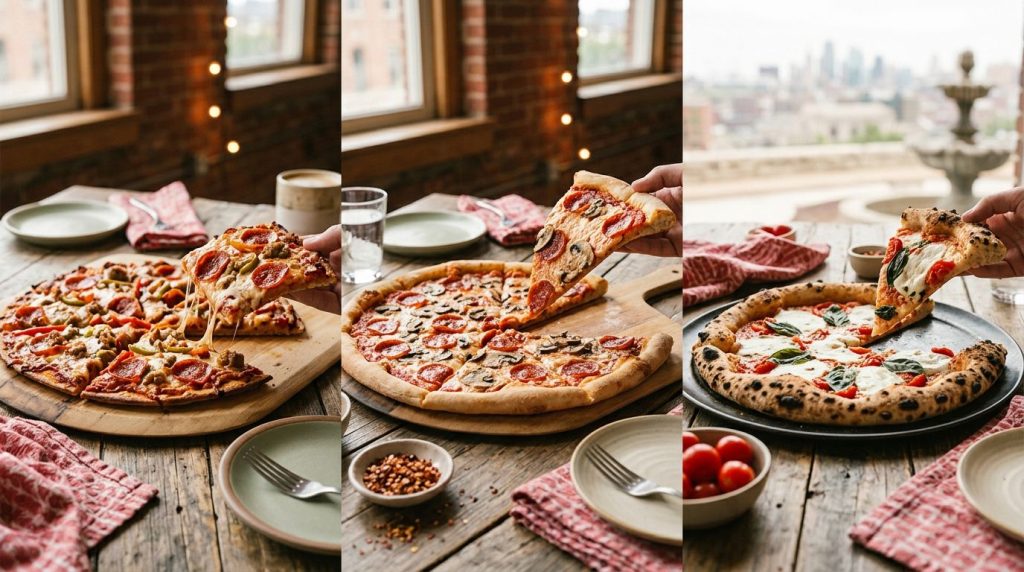 Three styles of Kansas City pizza arranged on a rustic table.