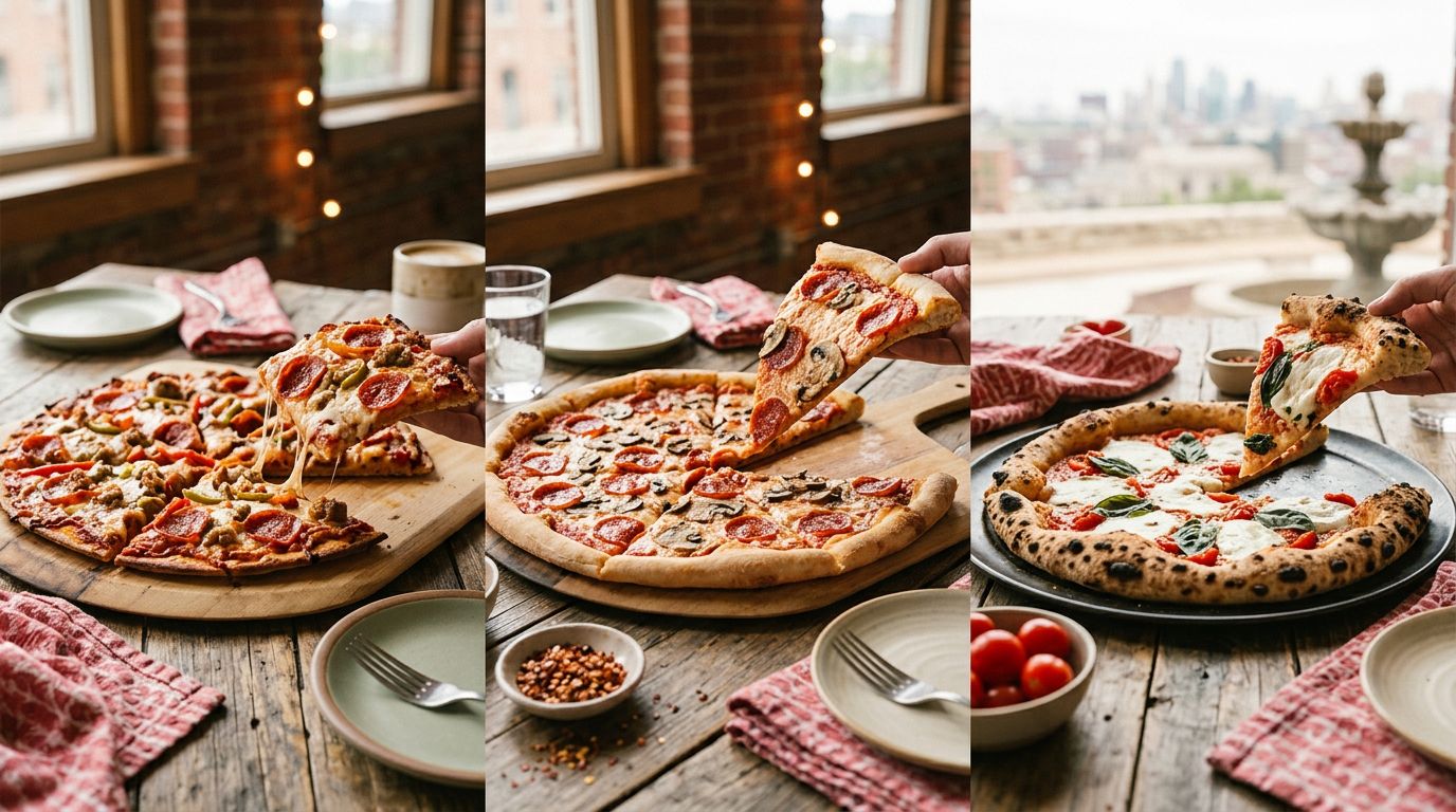 Three styles of Kansas City pizza arranged on a rustic table.