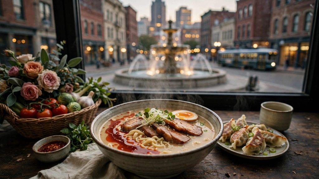 Steaming tonkotsu ramen with pork, egg, scallions, gyoza, and tea on a wooden counter.