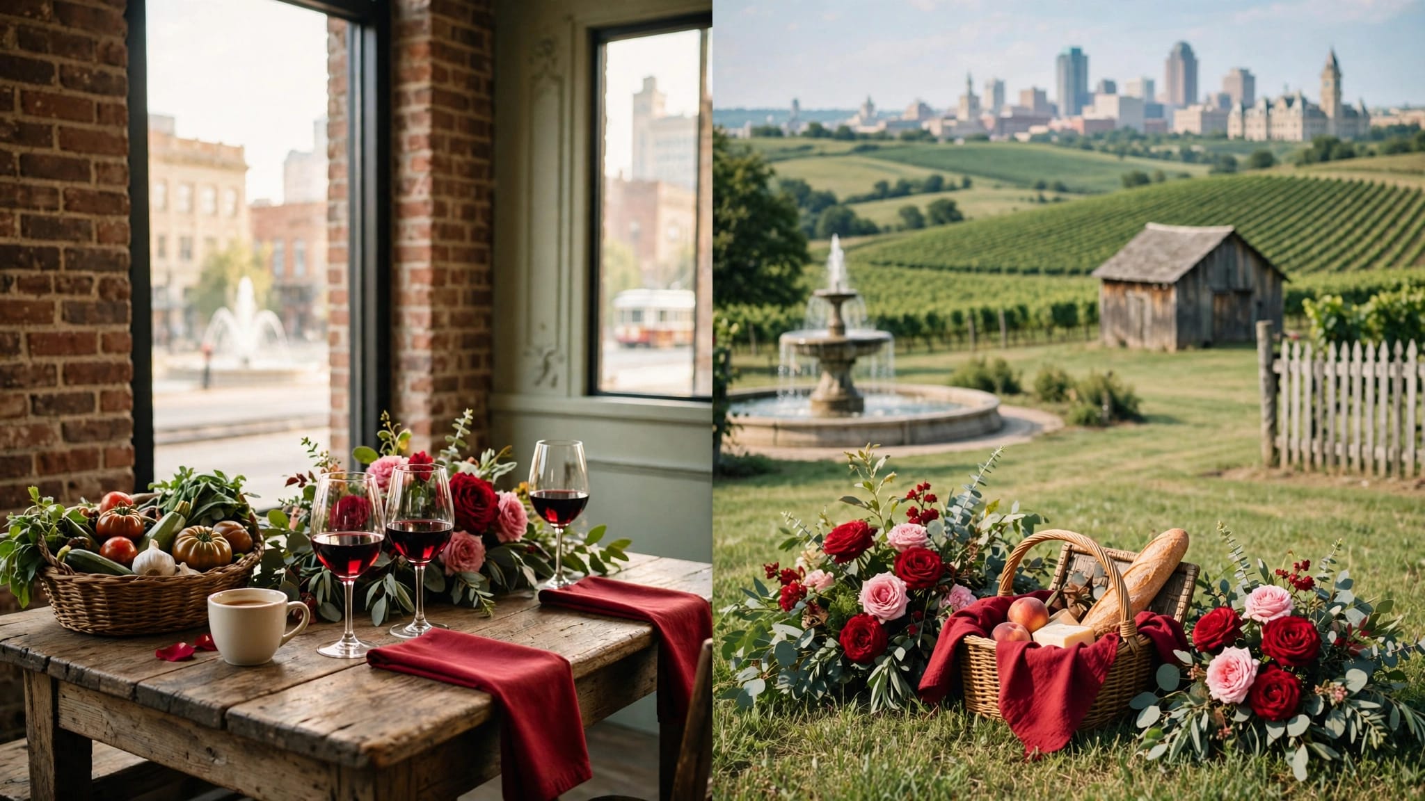 Wine glasses in a brick tasting room beside a sunny vineyard and picnic basket.