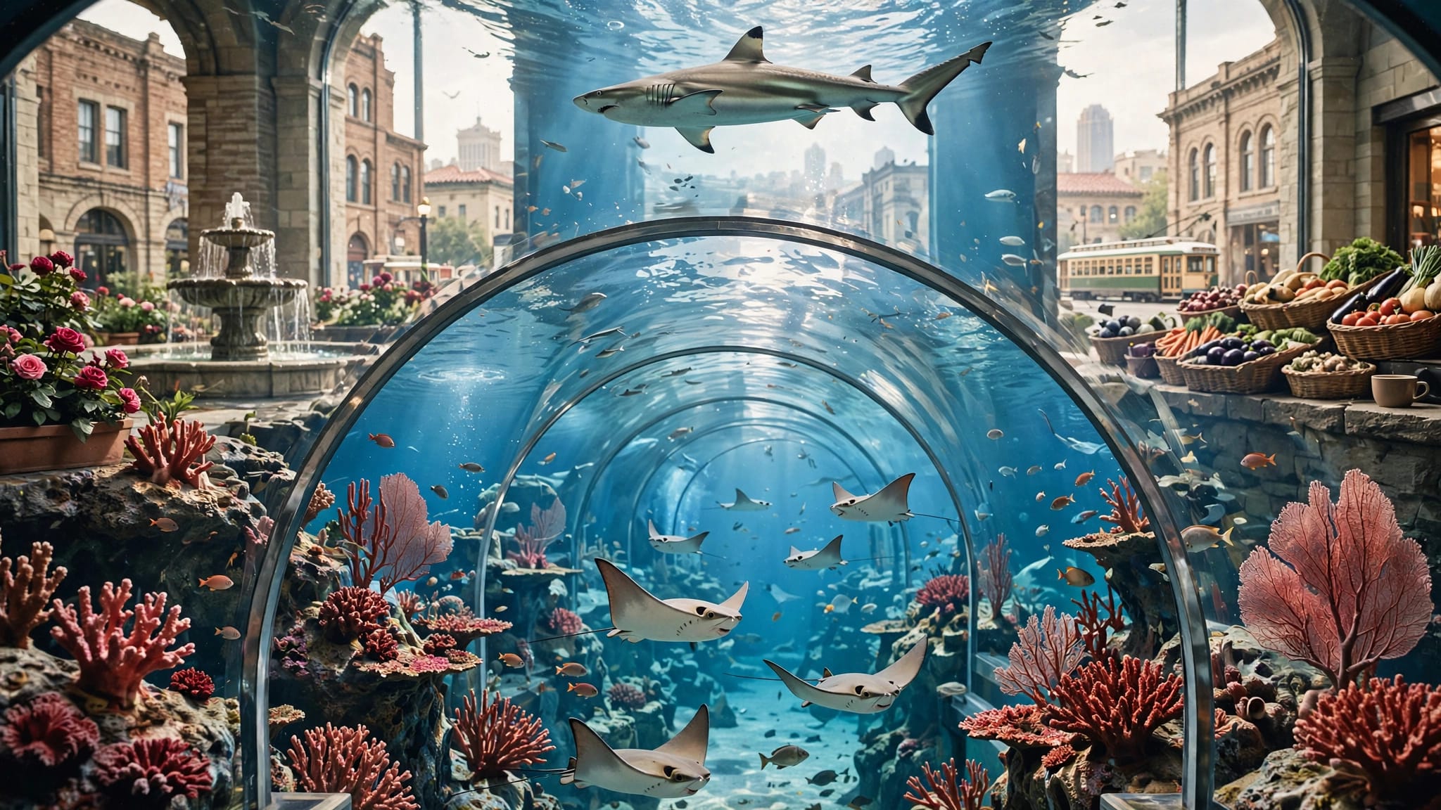 A shark and rays swim above a curved aquarium tunnel.