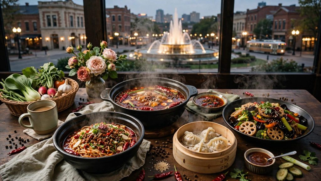 A Sichuan feast with noodles, dumplings, spicy broth, and chili oil on a wooden table.