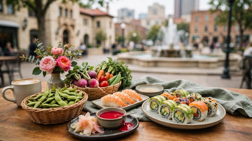 Beginner-friendly sushi with rolls, shrimp nigiri, edamame, ginger, and dipping sauce on a wooden table.