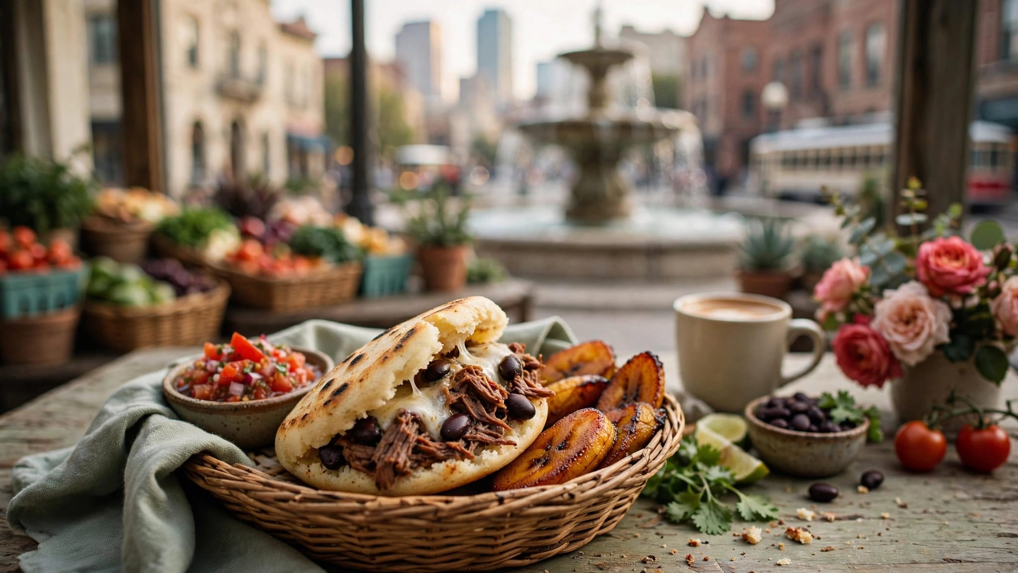 A stuffed golden arepa with ripe plantains on a rustic café table.