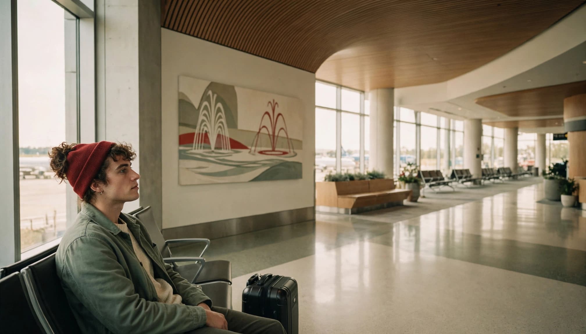 A traveler sits with one carry-on beside a bright airport window.