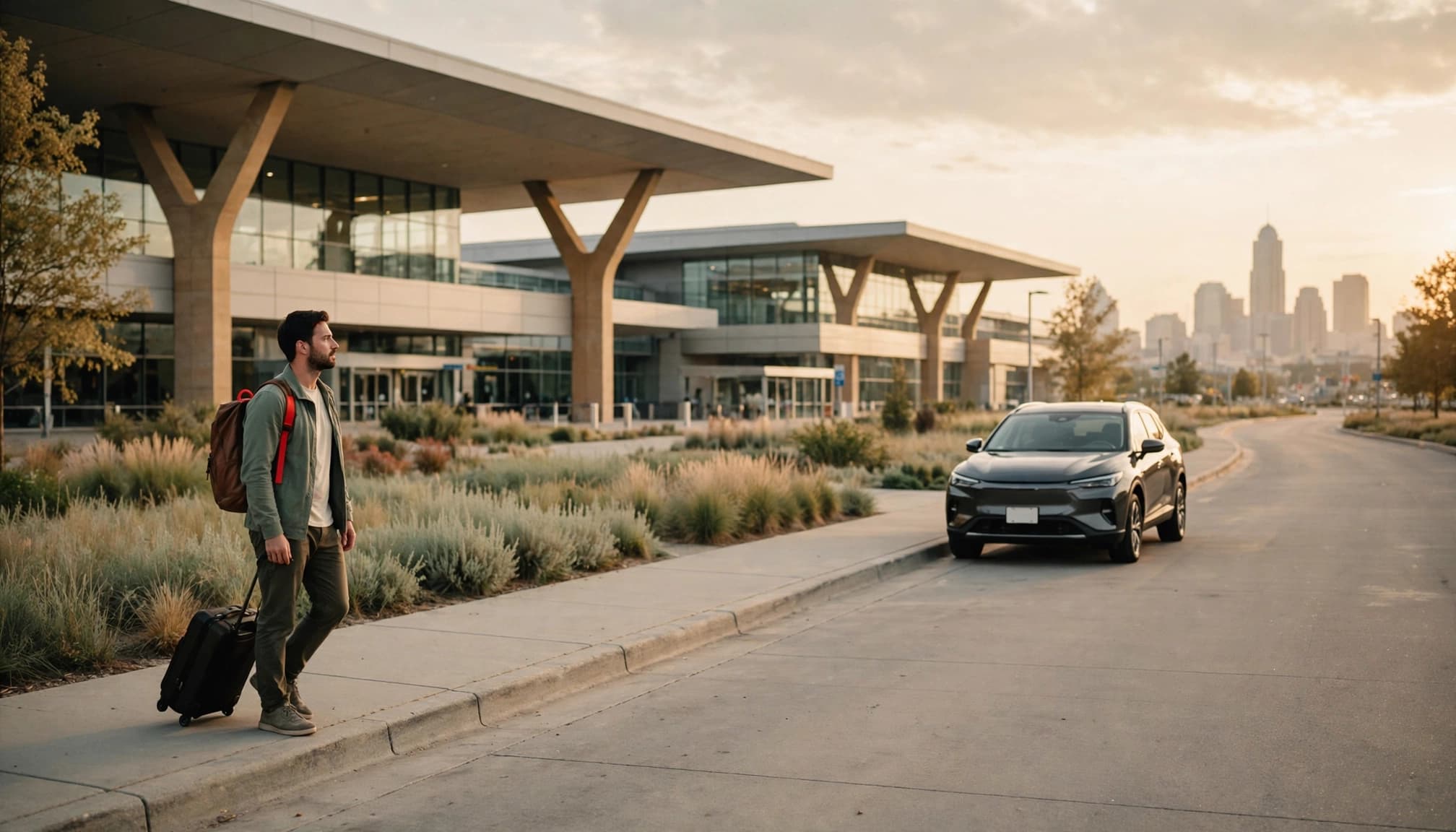 A traveler with a small suitcase looks toward a car outside Kansas City airport.