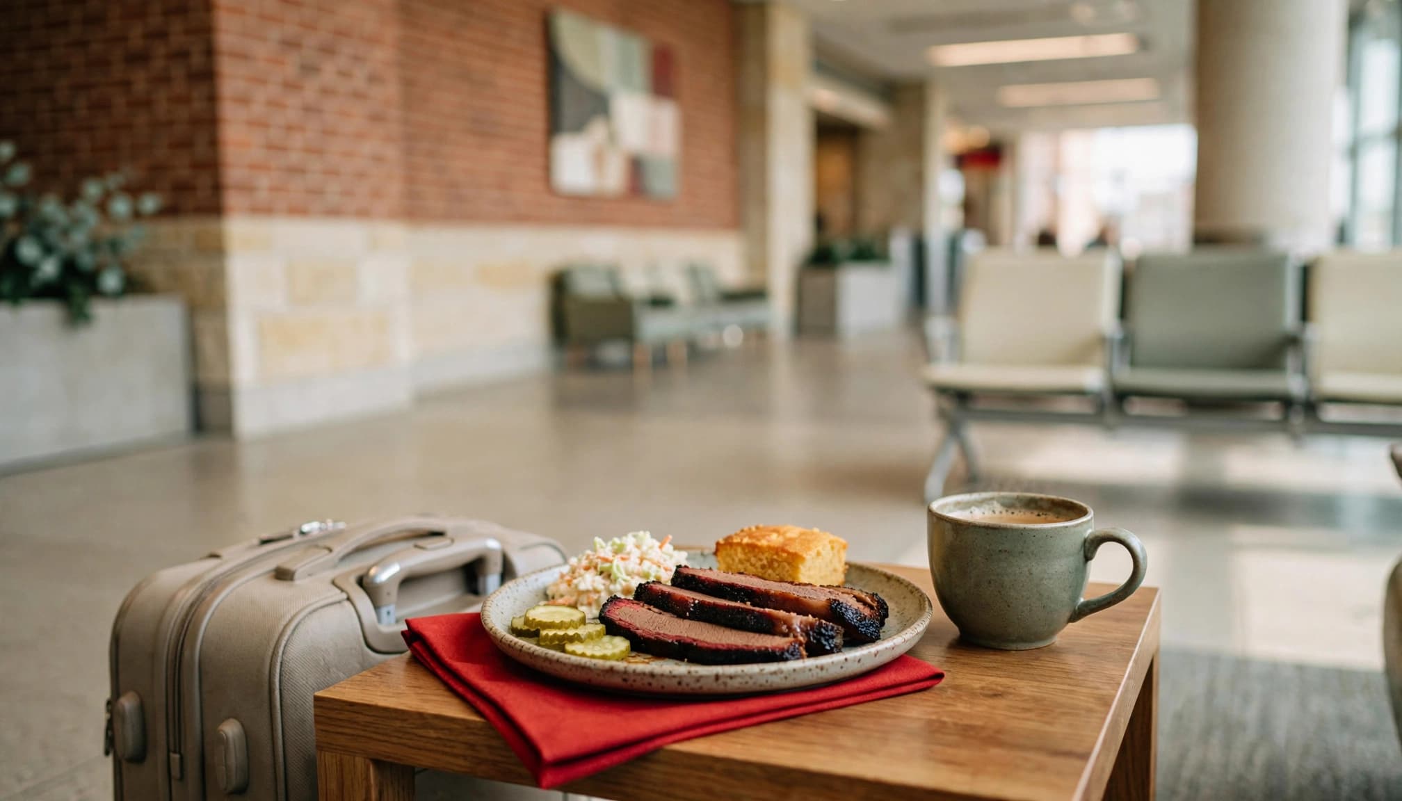 Barbecue and coffee sit beside a carry-on bag in an airport seating area.