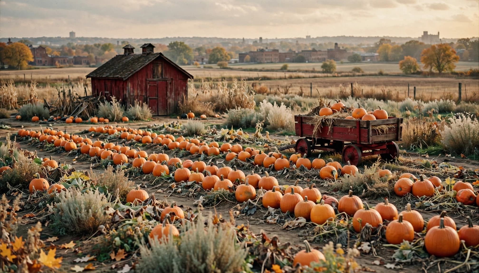 Orange pumpkins in rows beside a red barn and wooden wagon.