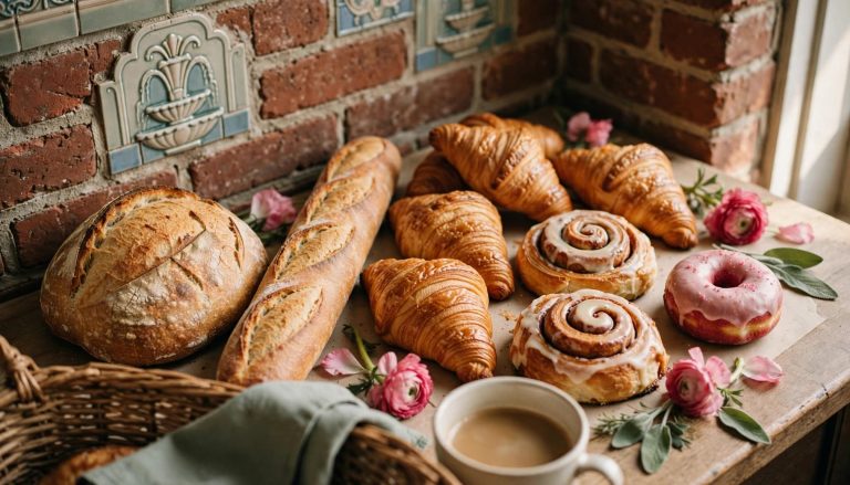 Fresh bread and pastries arranged beside a coffee cup on a warm bakery counter.