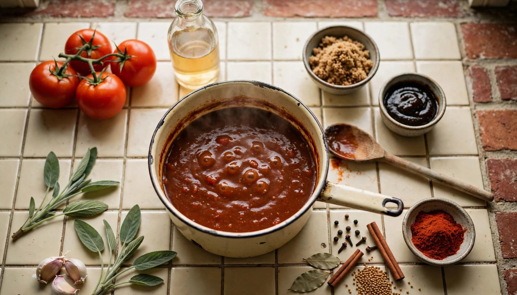A saucepan of barbecue sauce surrounded by tomatoes, spices, sugar, vinegar, and a wooden spoon.