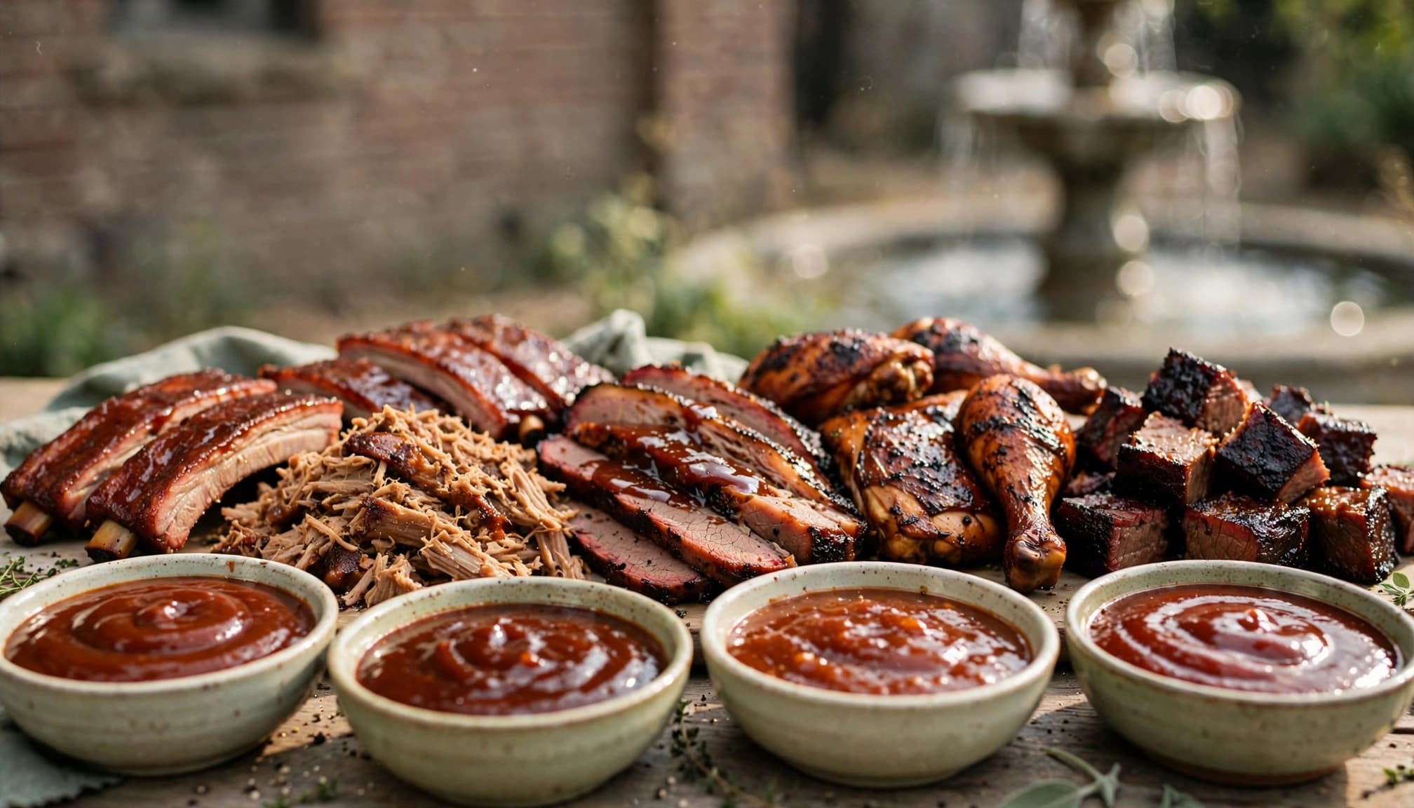 Bowls of barbecue sauce sit beside ribs, brisket, pulled pork, chicken, and burnt ends.