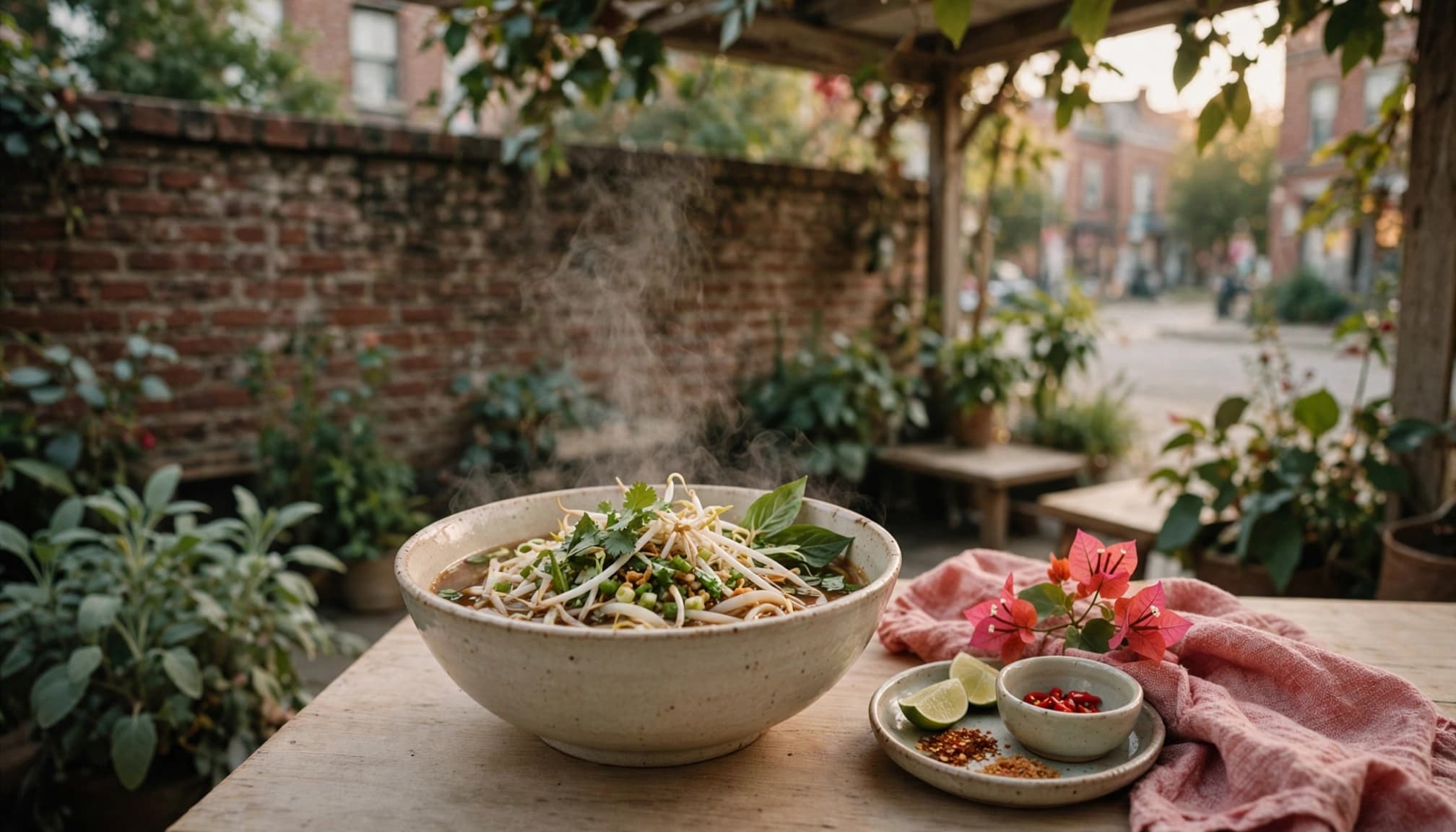 A steaming bowl of boat noodles with herbs and bean sprouts on a patio table.