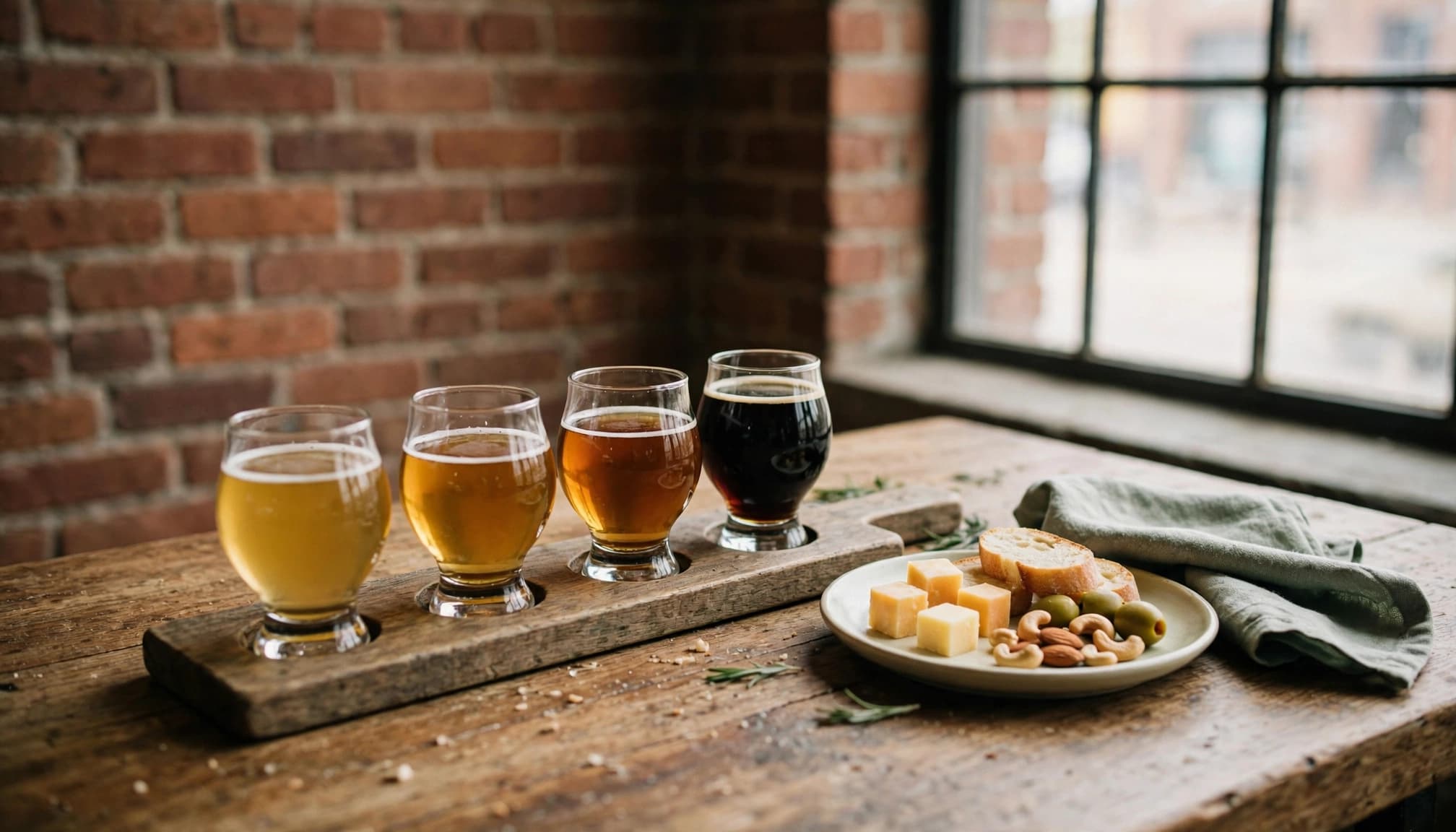 A flight board of varied beers sits beside a small plate of food.
