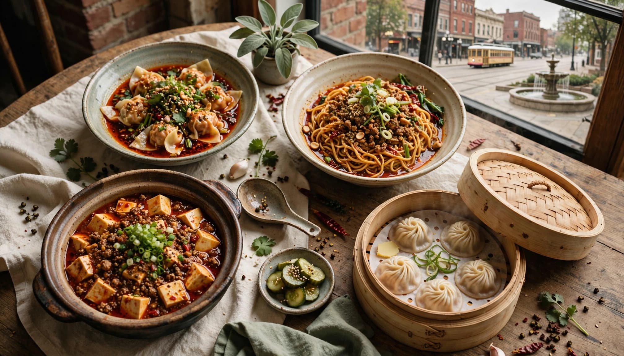 Red-oil wontons, noodles, mapo tofu, and soup dumplings share a table by a brick window.