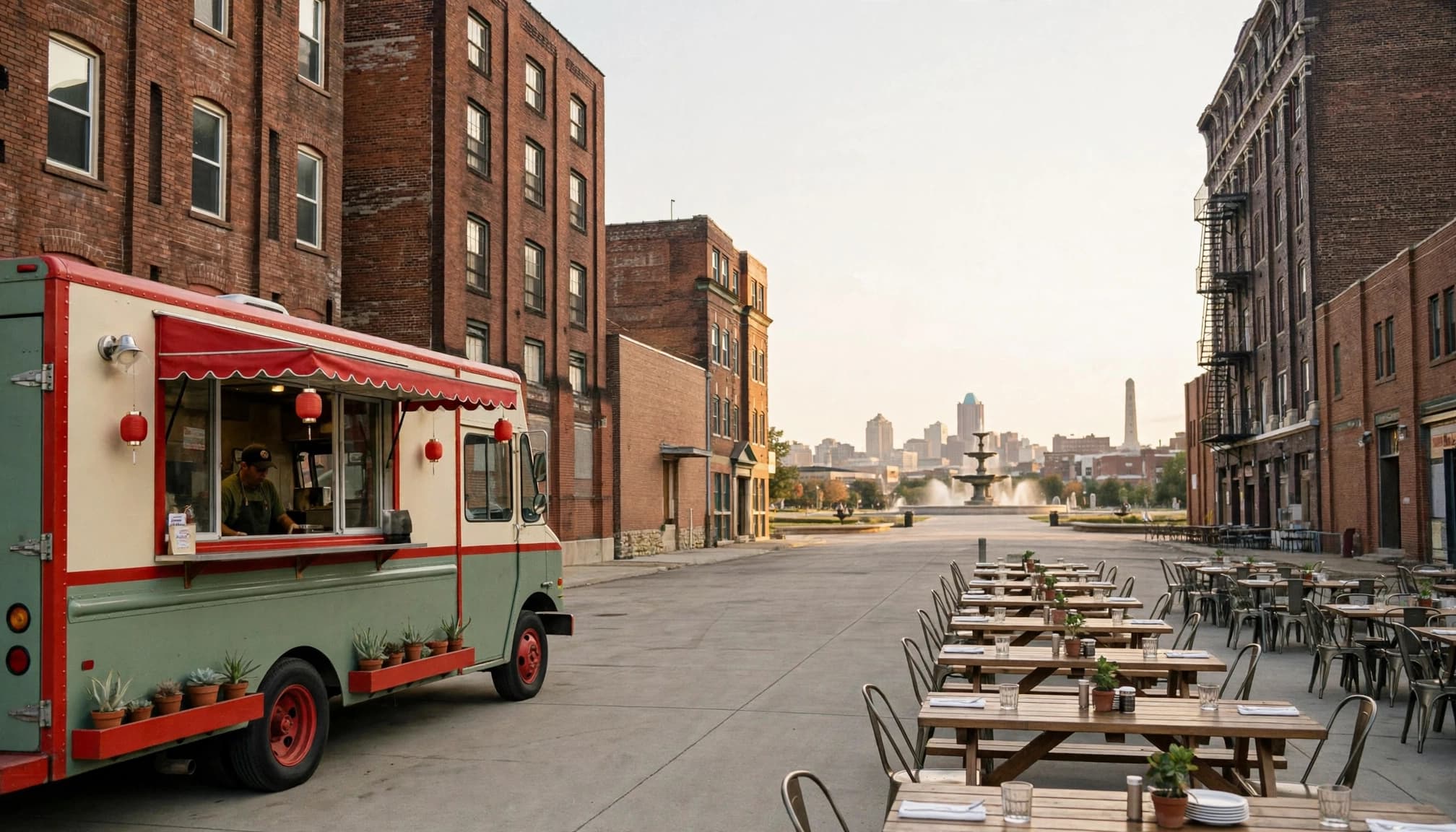 A colorful food truck on a brick street with the Kansas City skyline in the distance.