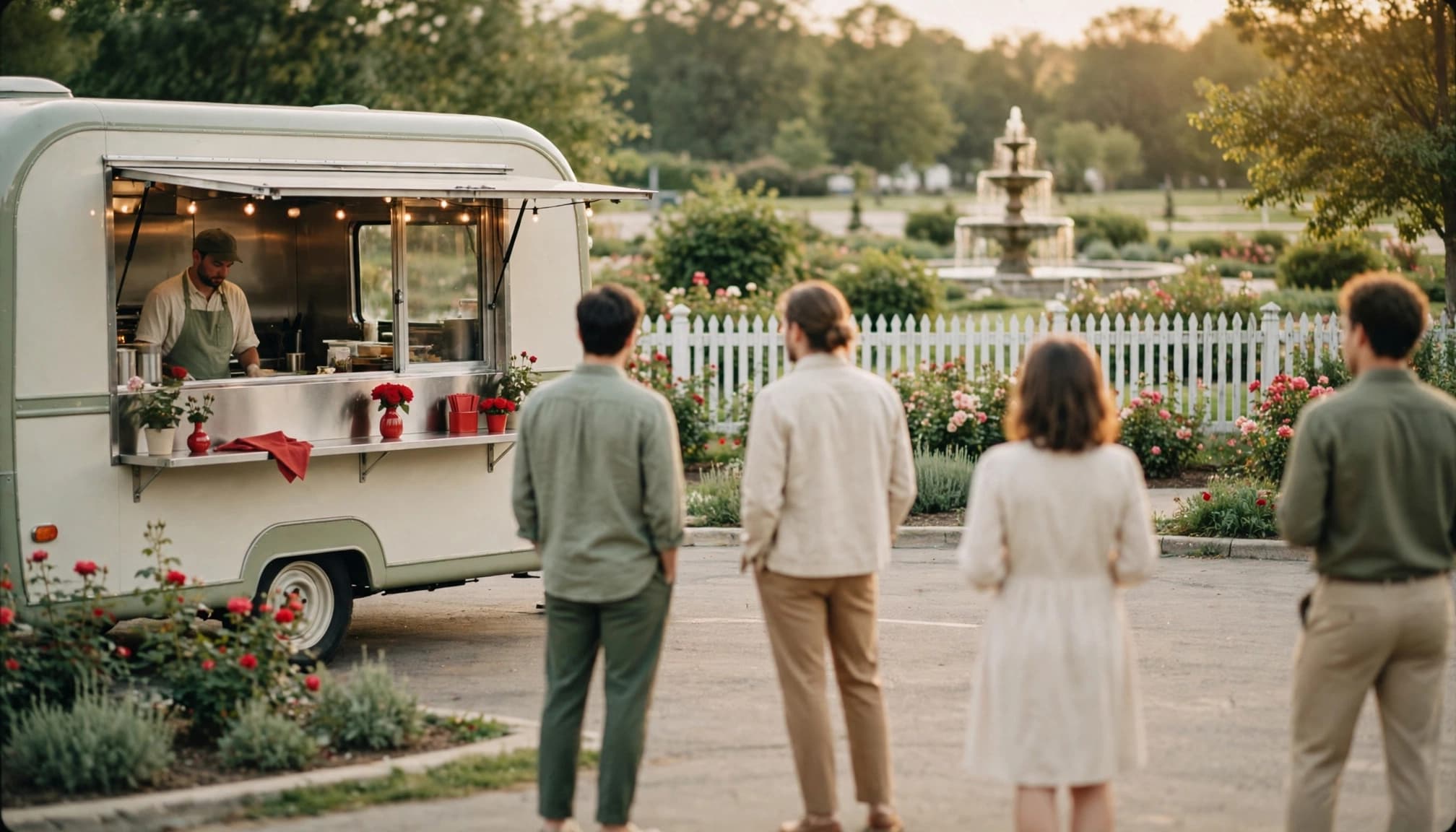 A food truck serves four guests at a garden event in warm evening light.