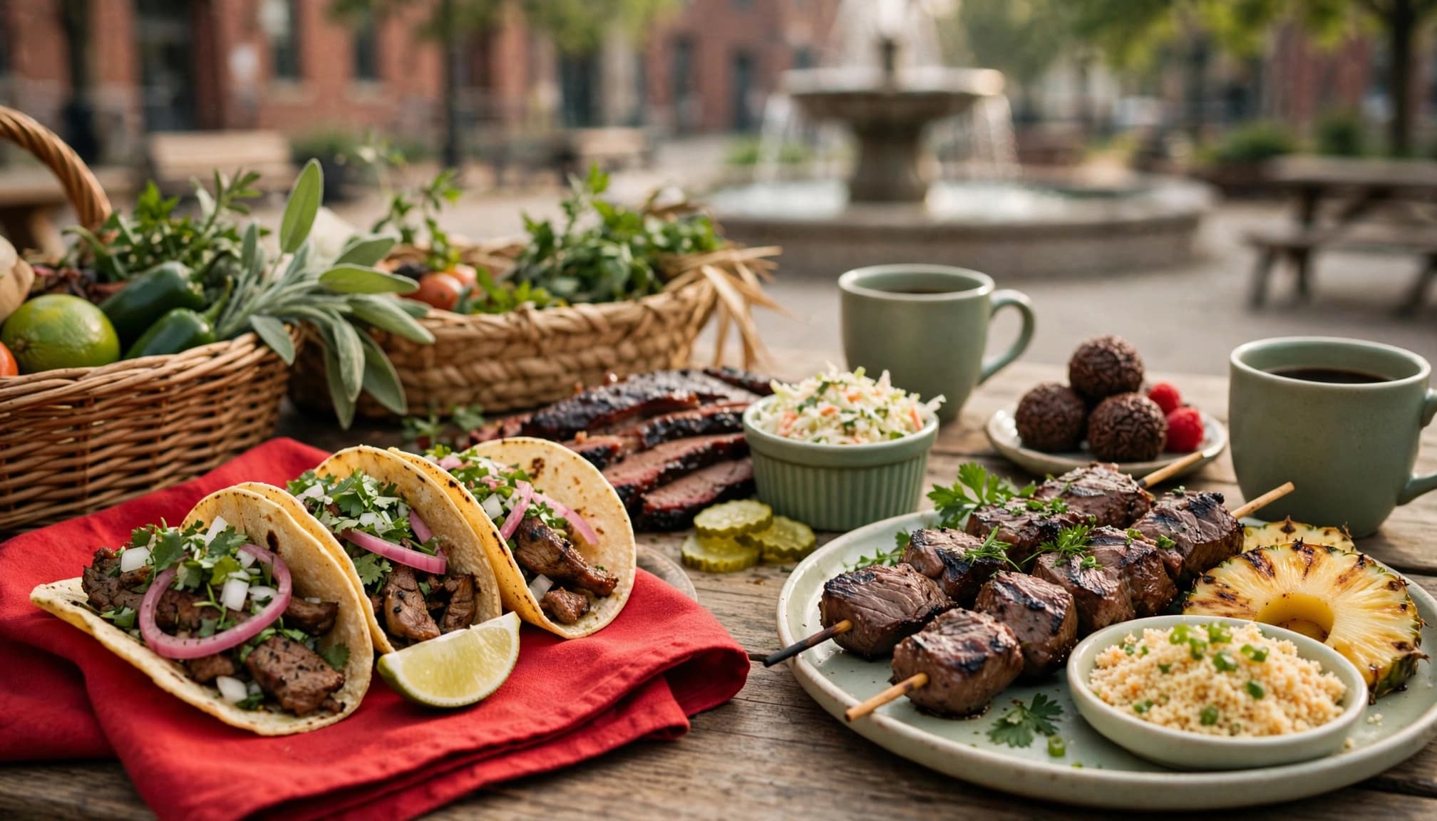 Tacos, barbecue, grilled food, and dessert fill a picnic table beside historic brickwork.