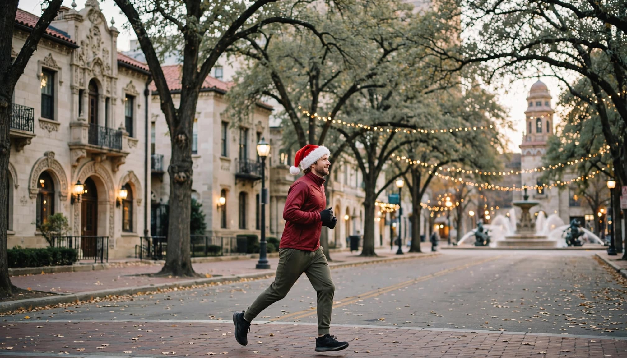 A runner in a Santa hat jogs past holiday lights on a Kansas City street.