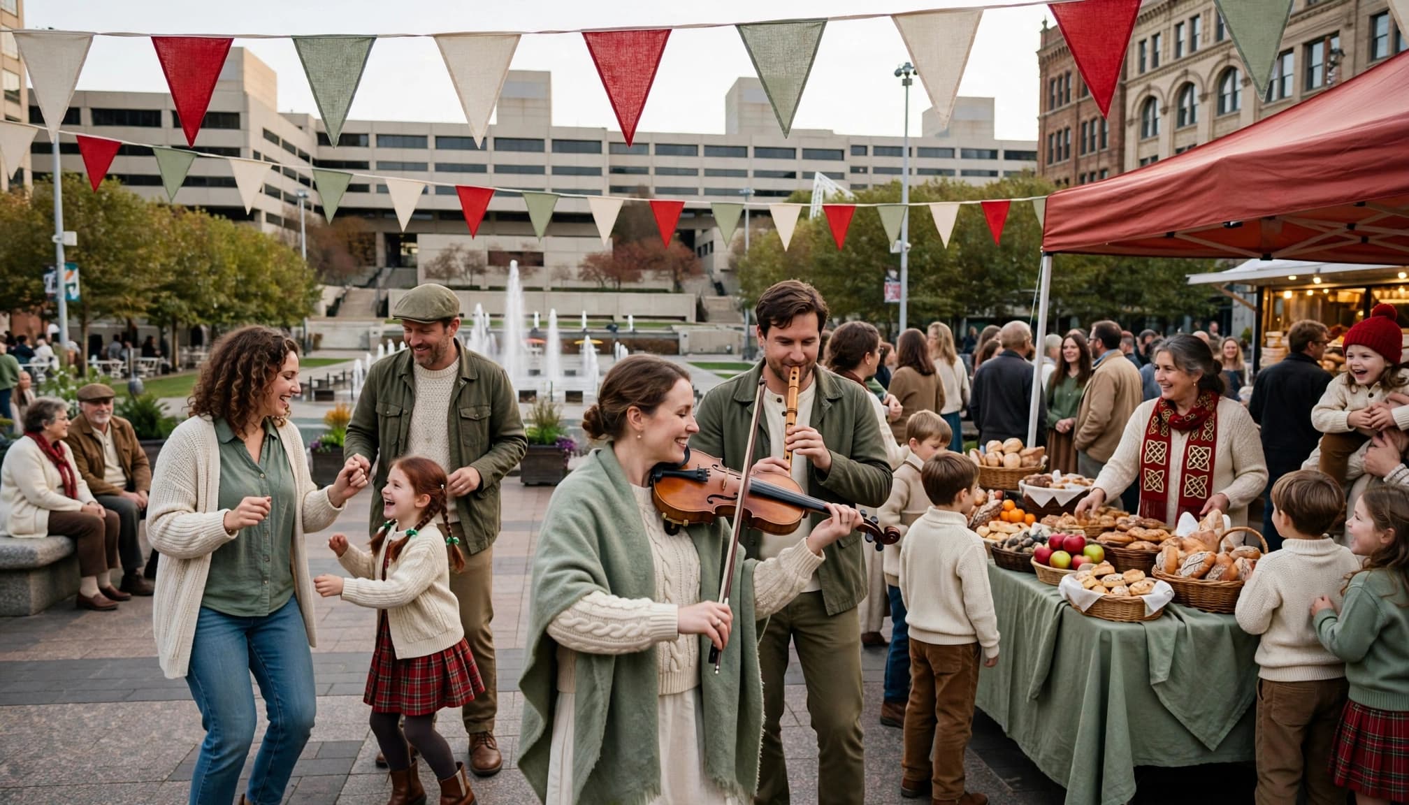 Families enjoy Celtic dancing near food stalls and a fountain at Crown Center.