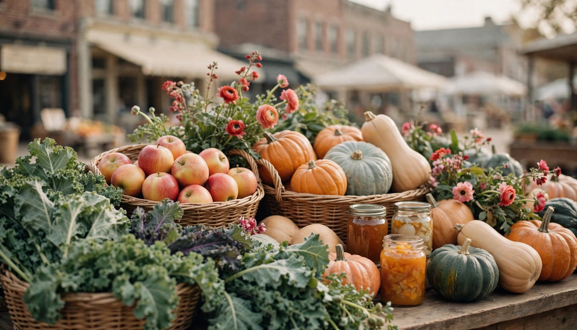 Baskets of fall produce and jars arranged on an outdoor market table.