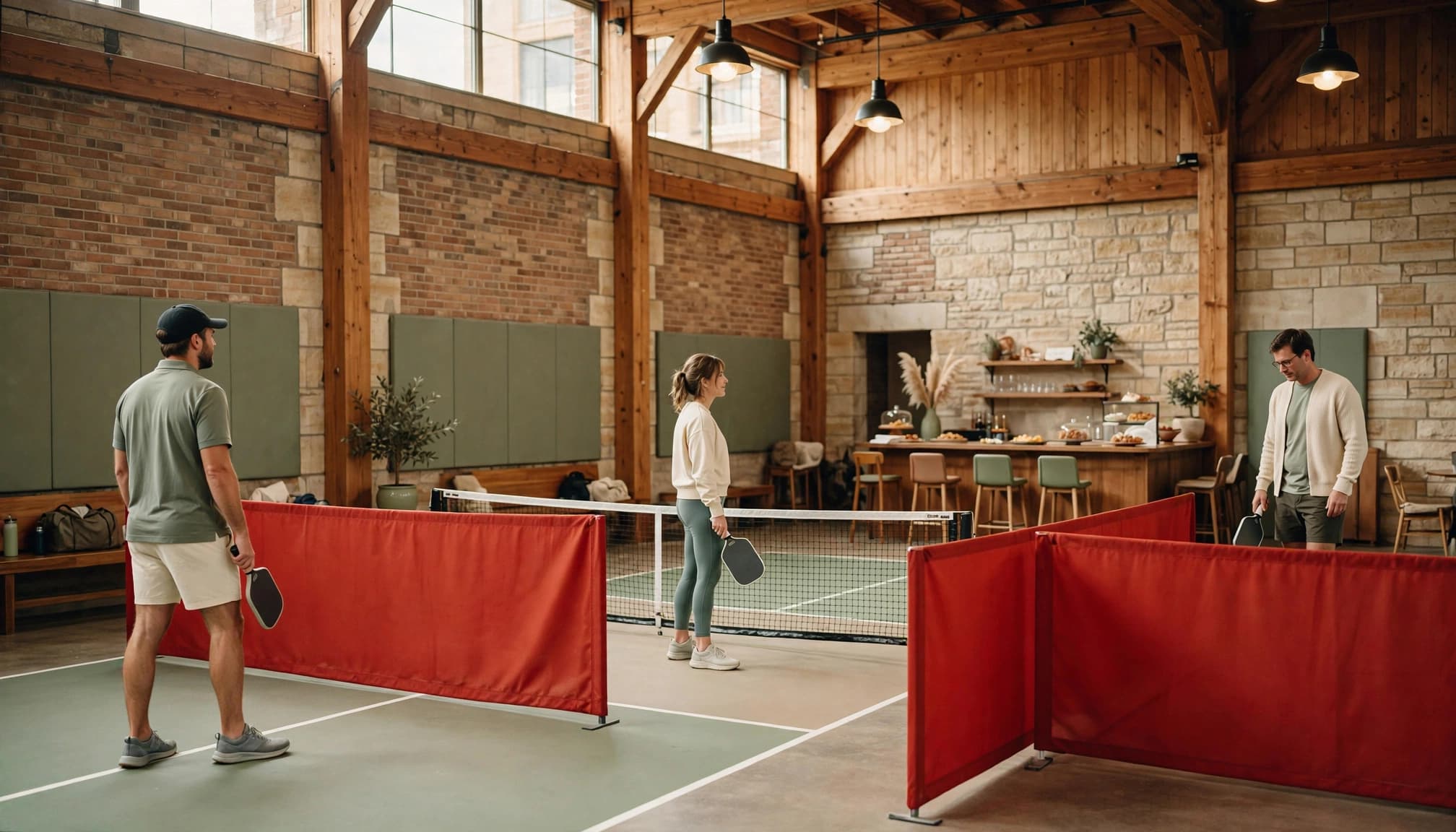 Three players on indoor pickleball courts near a small bar and food area.
