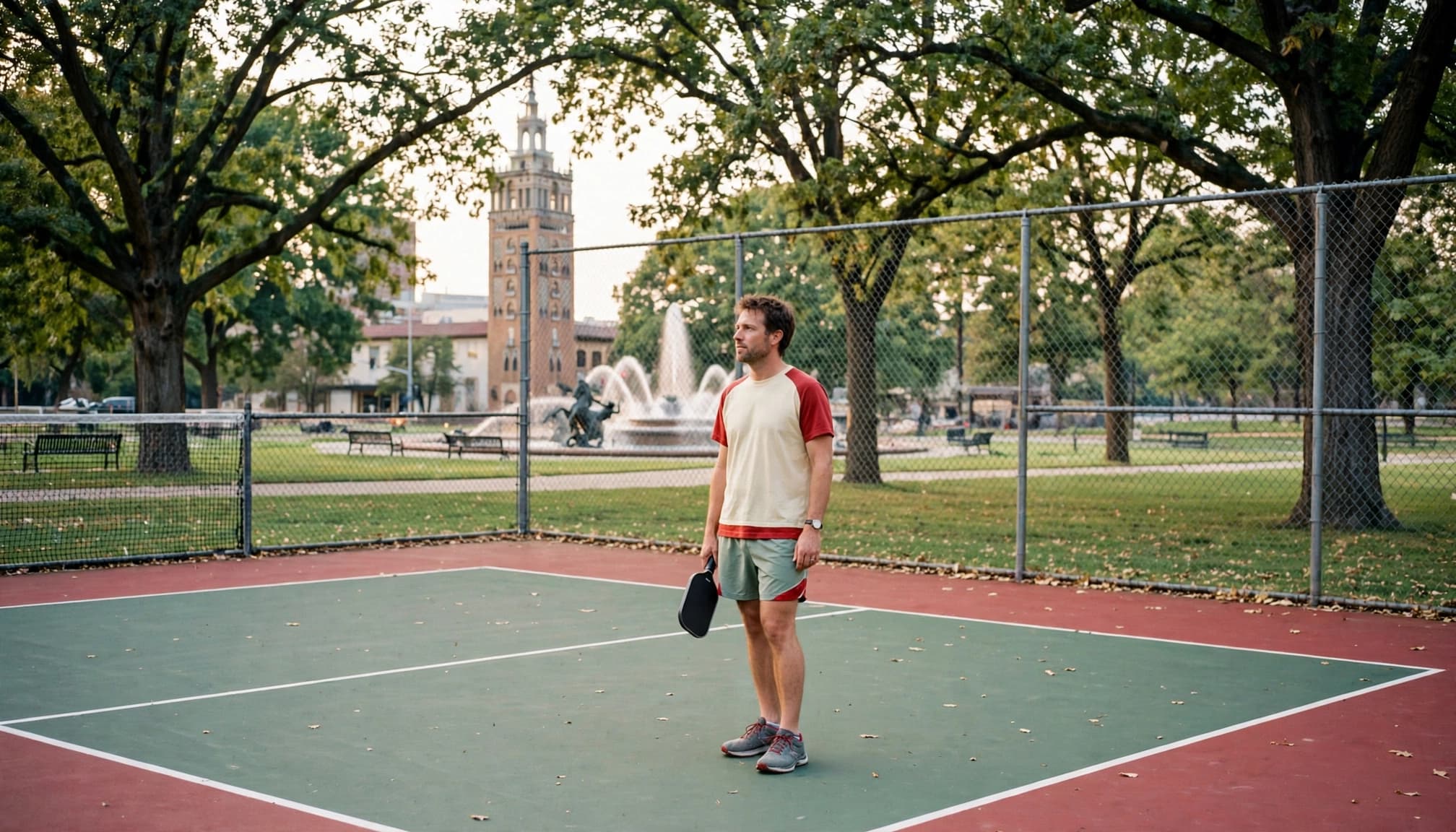 A lone pickleball player stands by an outdoor court in a leafy Kansas City park.