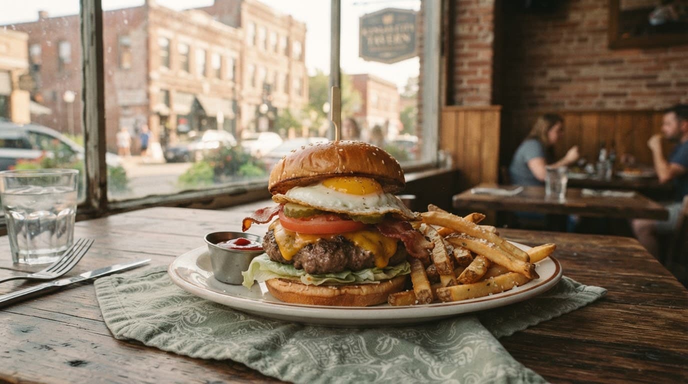 A thick burger sits beside fries near a window overlooking Kansas City.