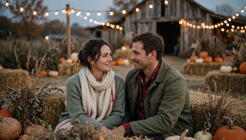 Two adults enjoy a fall evening at a pumpkin patch with hay bales and string lights.