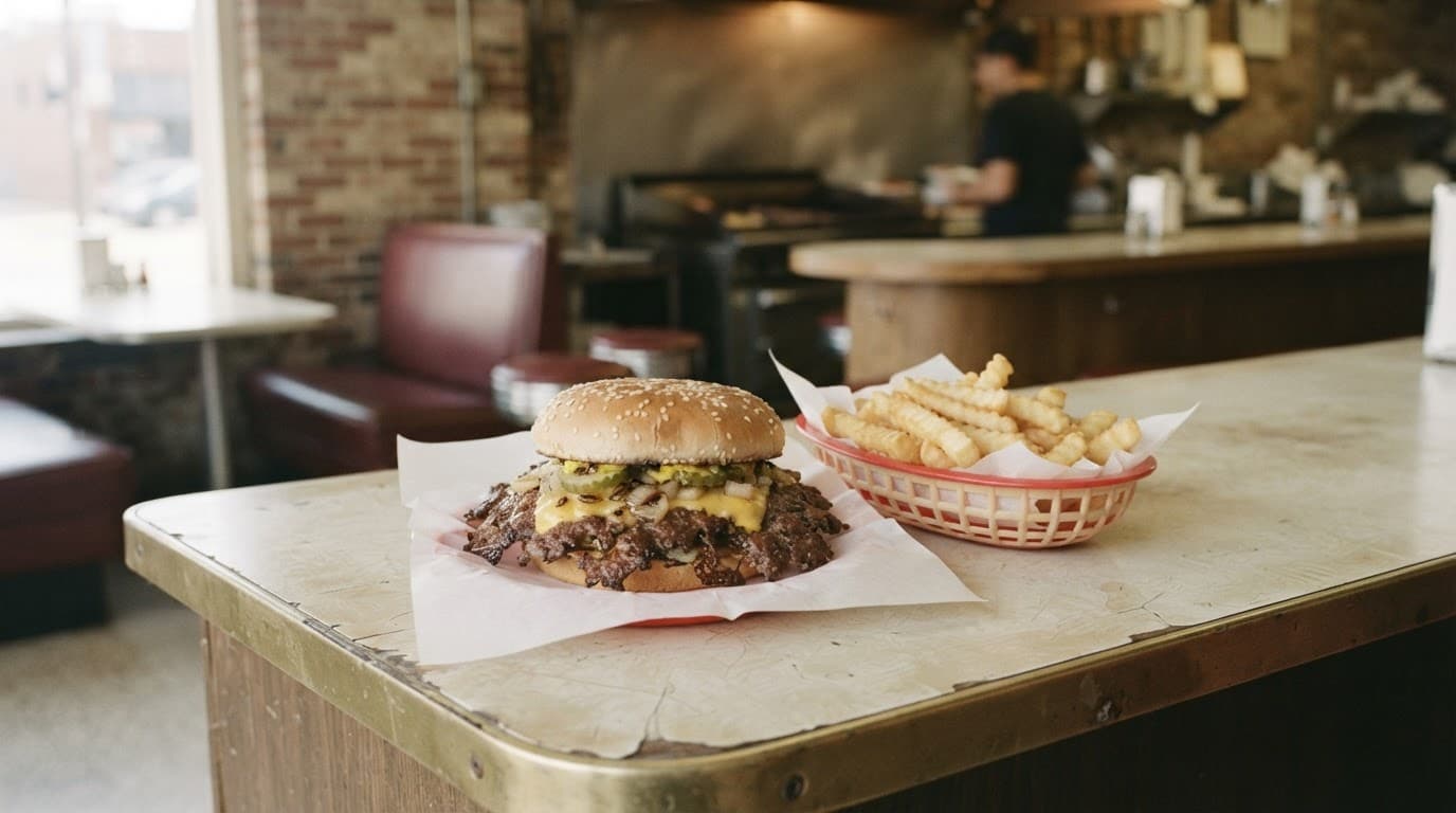 A thin burger with grilled onions and fries in a basket on a vintage diner counter.