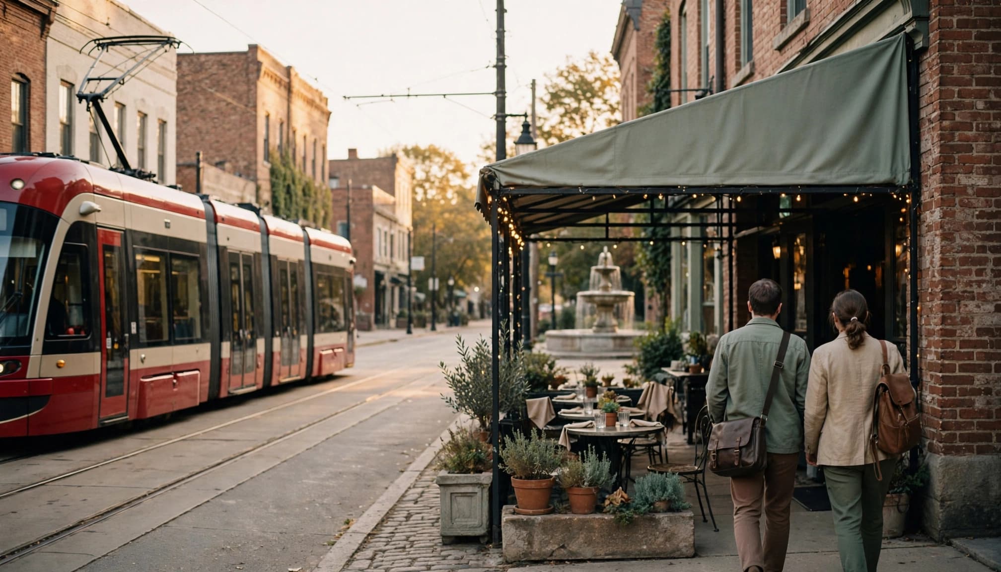 A streetcar passes brick storefronts as two people walk toward a restaurant patio.