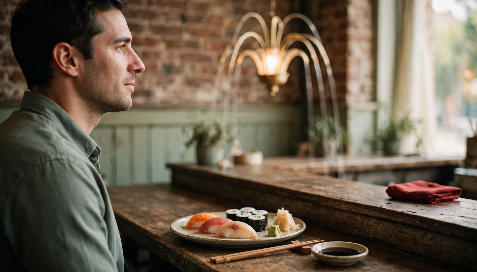 One diner sits at a sushi counter with a plate of sushi and resting chopsticks.