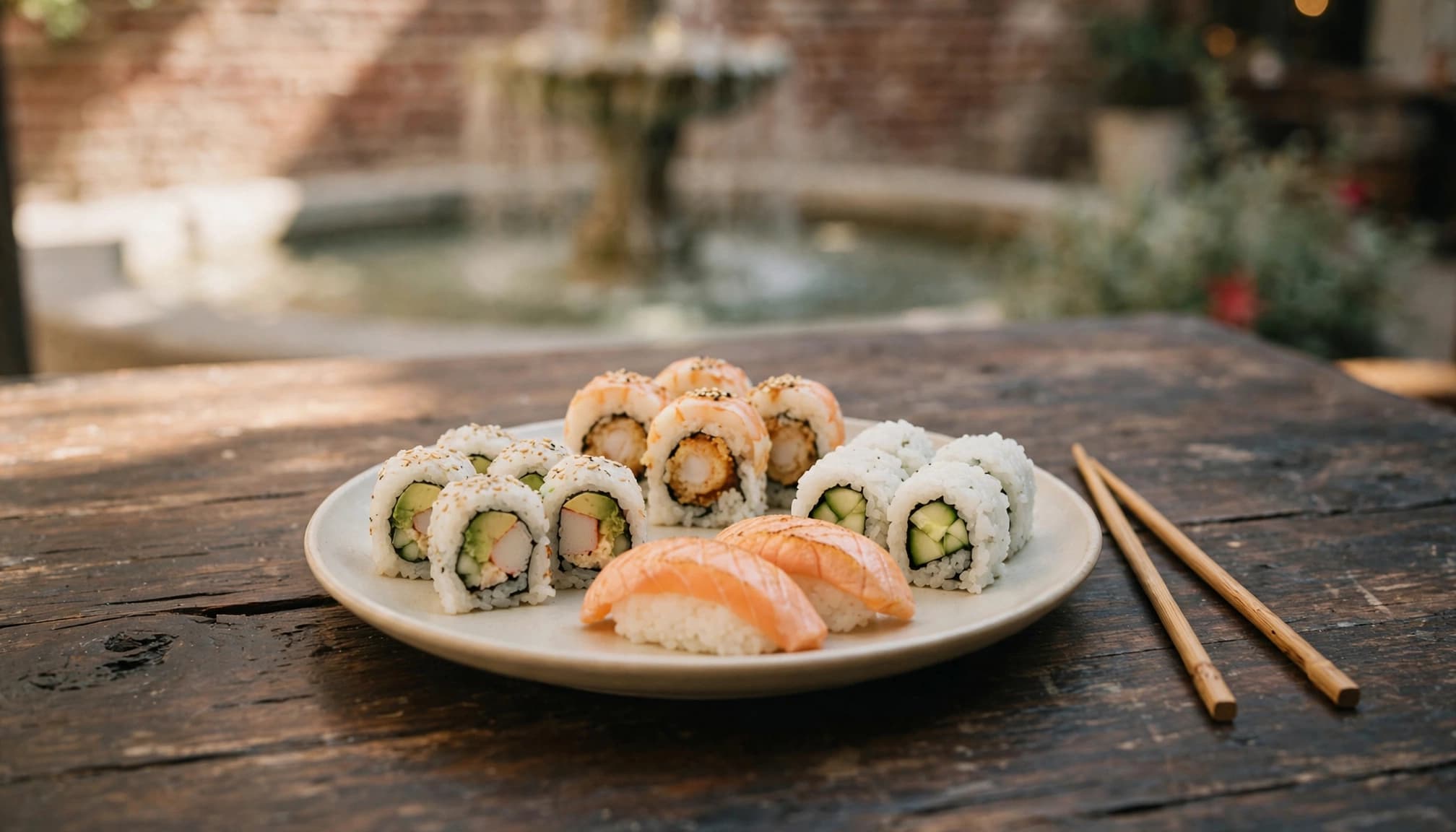 A sushi plate with cooked, vegetarian, and mild pieces beside chopsticks.