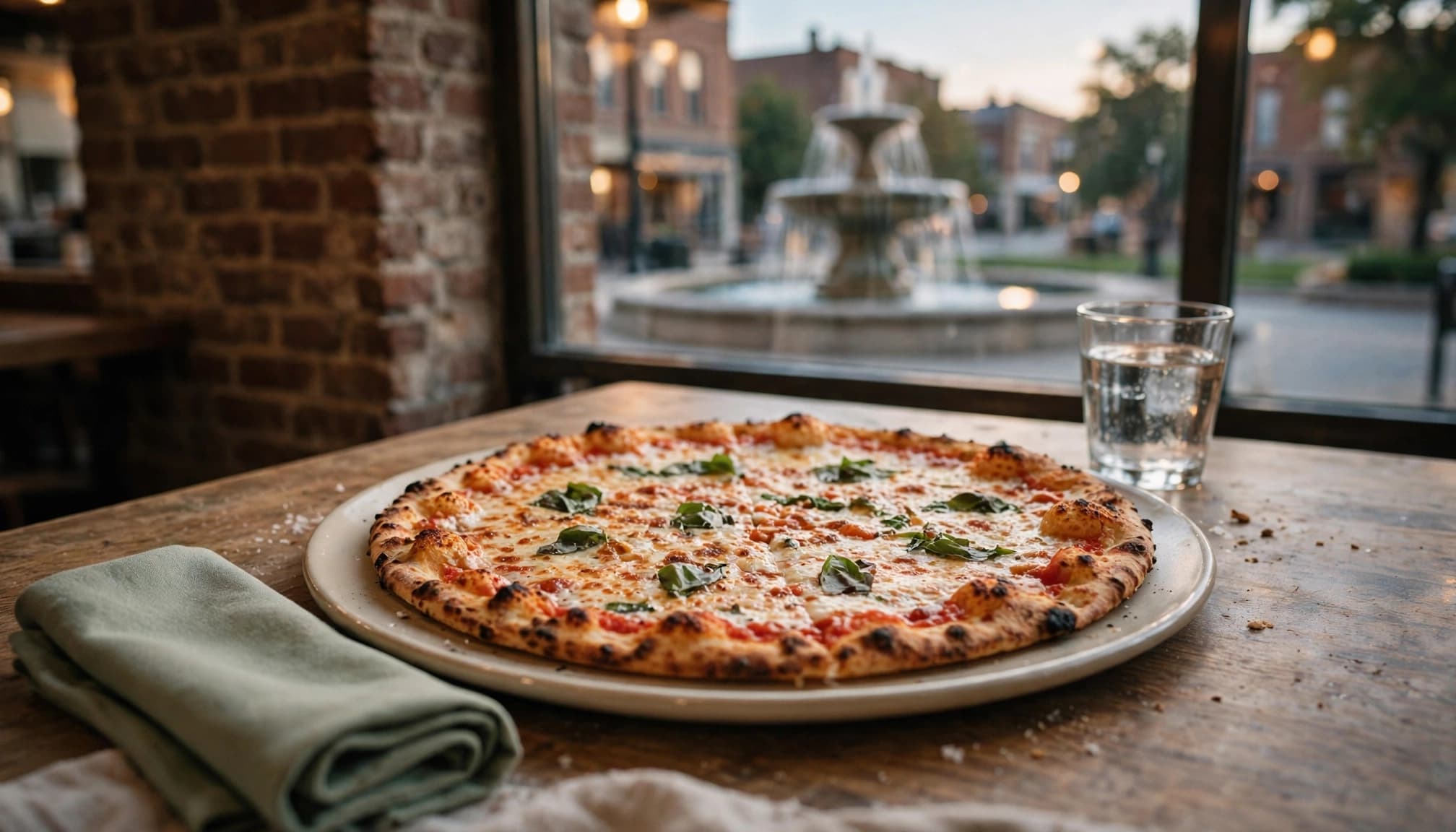 Thin-crust pizza on a plate with a napkin and water glass in a brick pizzeria.