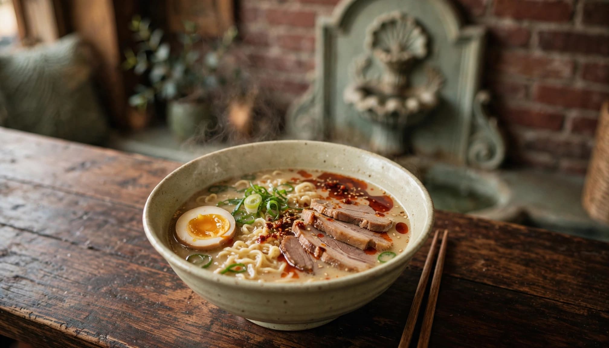 A steaming ramen bowl with pork, egg, scallions, and chopsticks on a wooden counter.