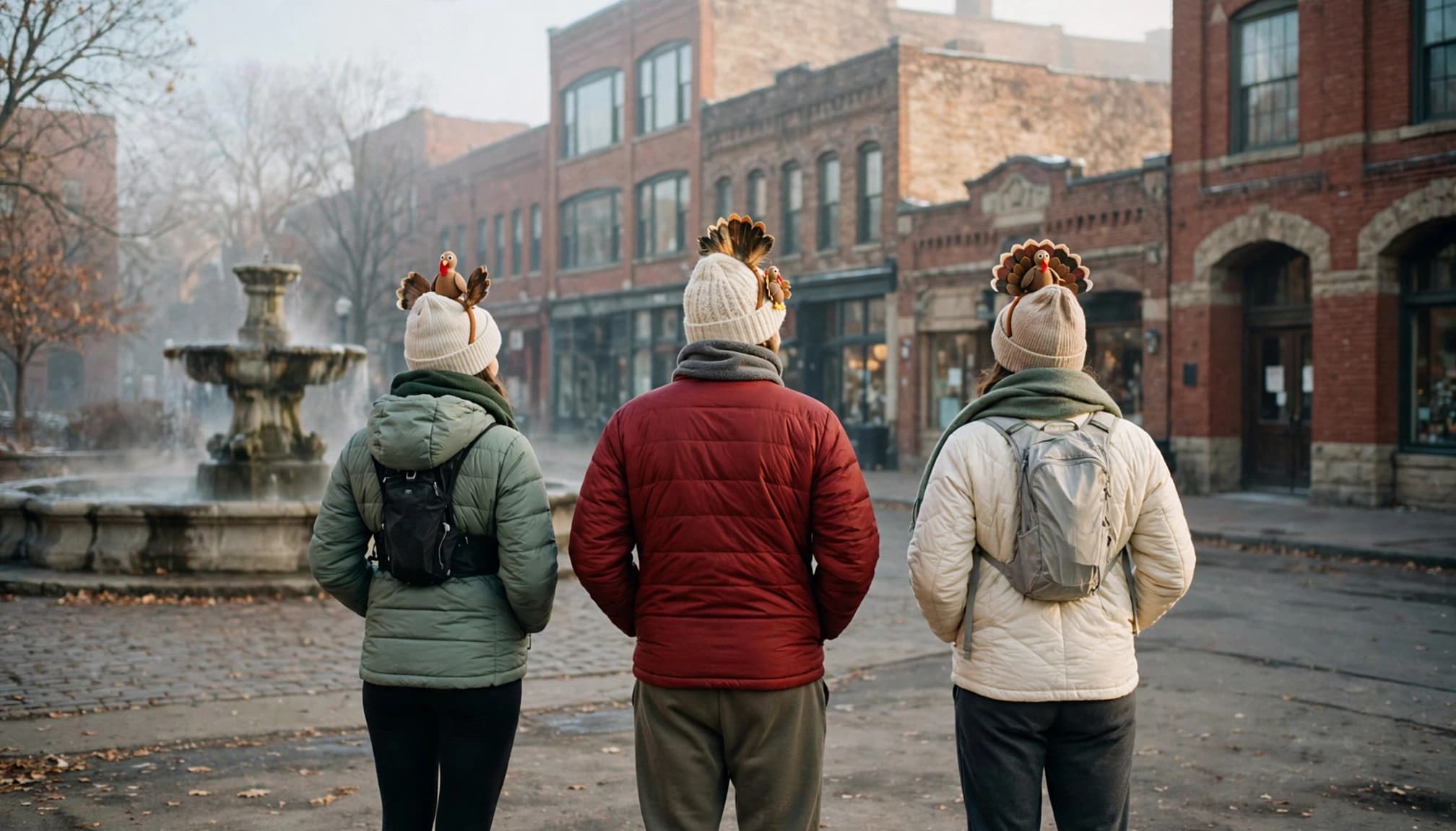 Three bundled runners gather near a fountain at a Kansas City Thanksgiving race.