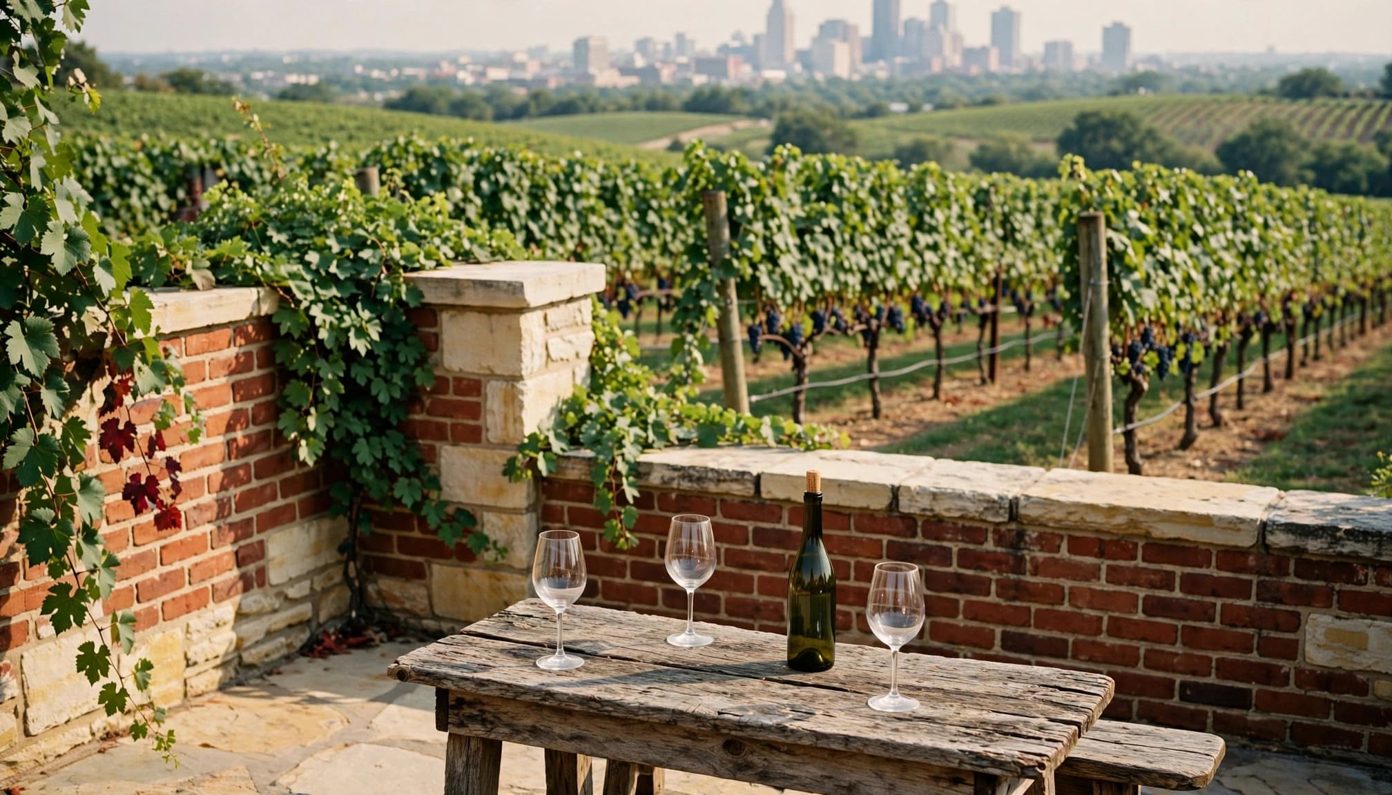A wine table overlooks grapevines, brick details, and a distant Kansas City skyline.