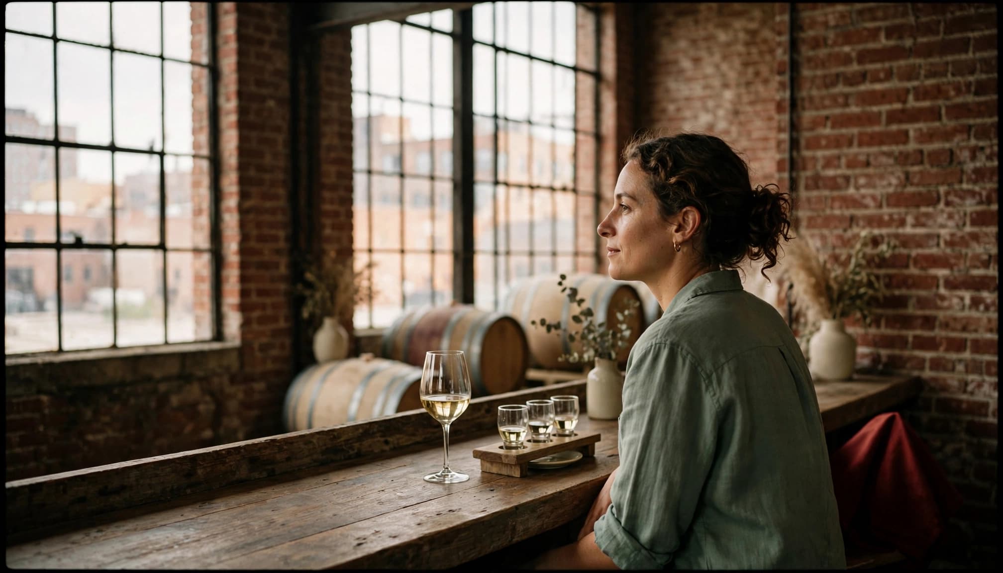 One person sits at a rustic wine bar with a glass and tasting flight.