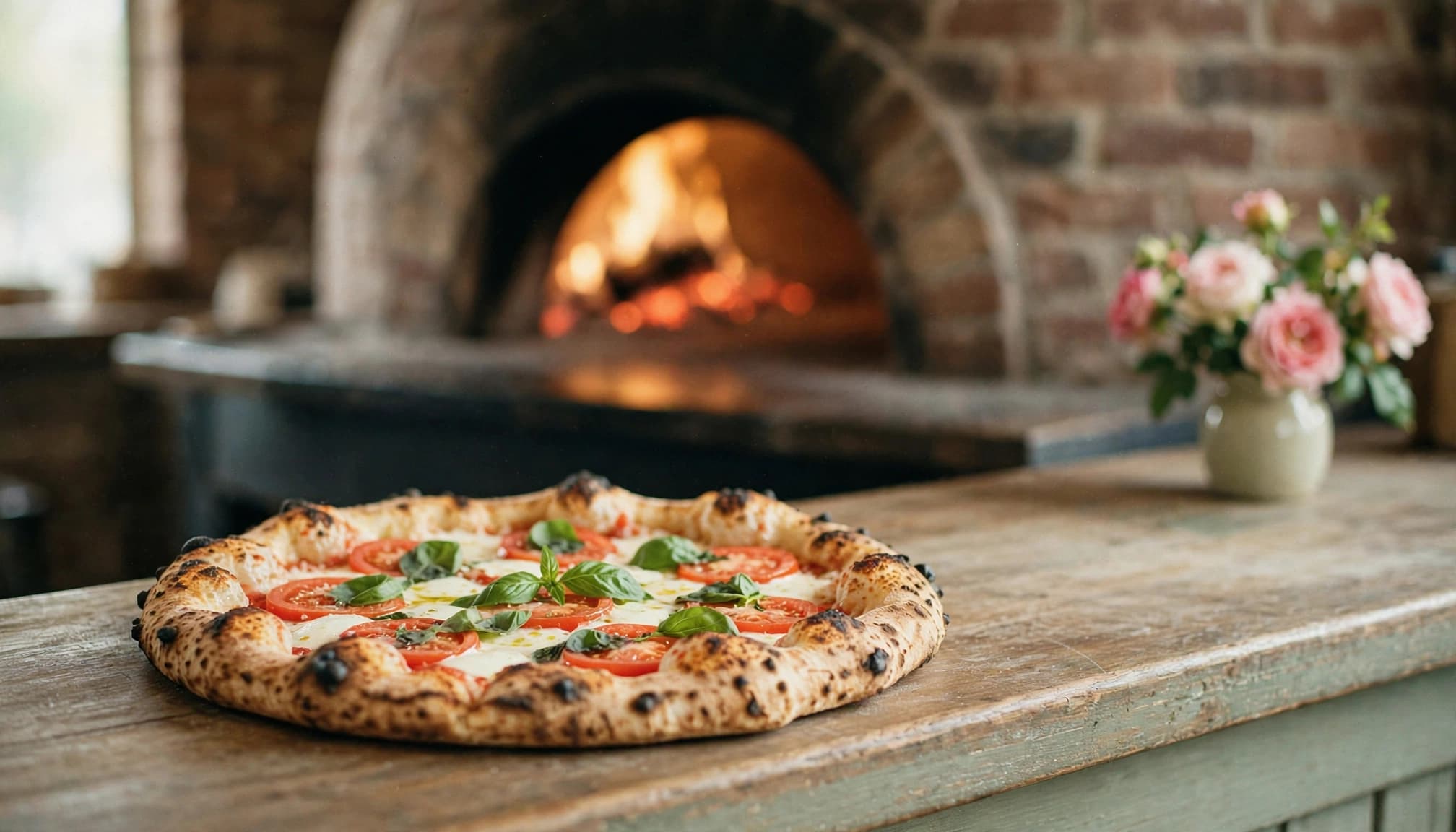 Neapolitan pizza with basil and mozzarella in front of a glowing brick oven.