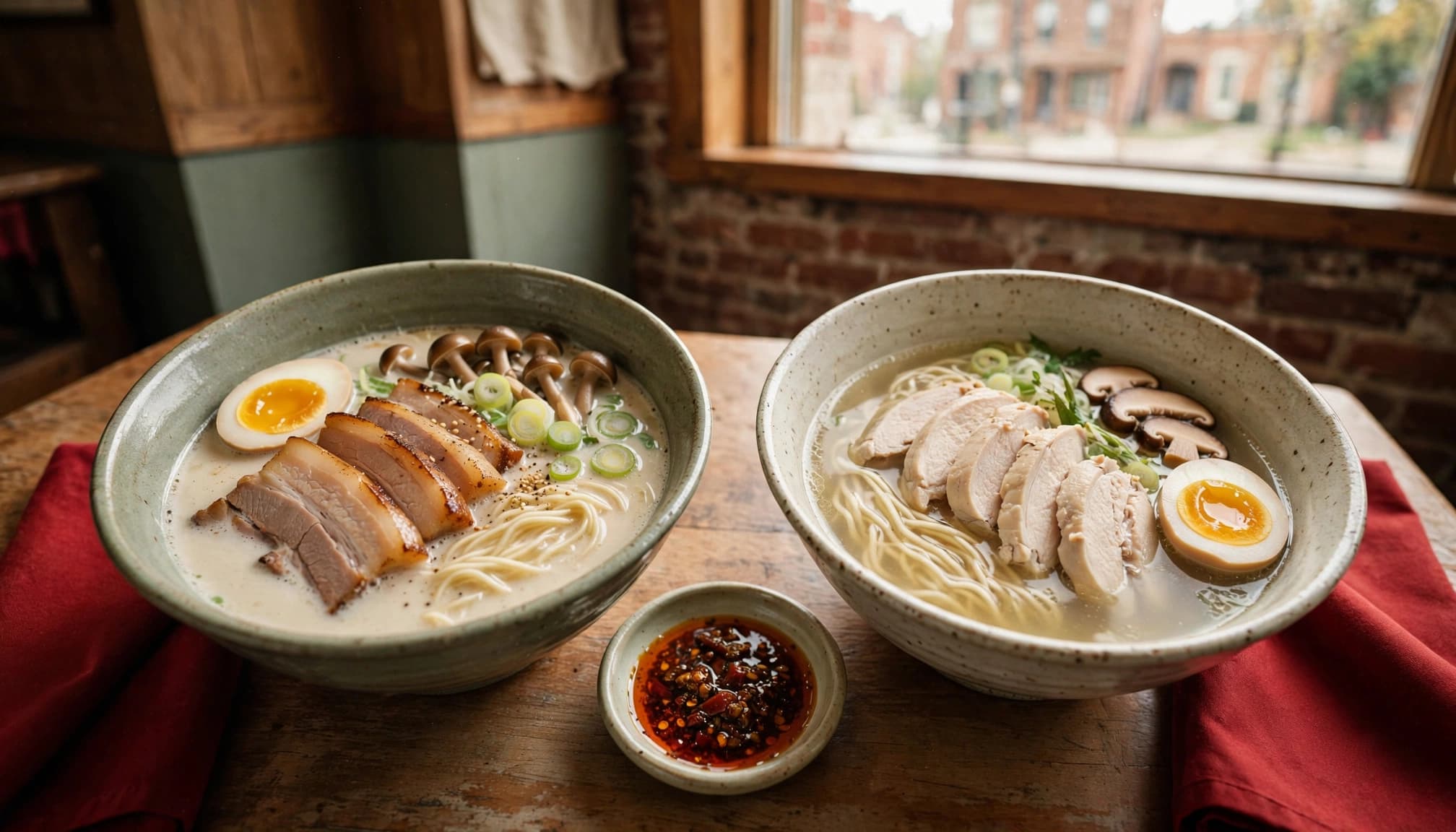 Two ramen bowls compare creamy pork and clear chicken broths beside chili oil.