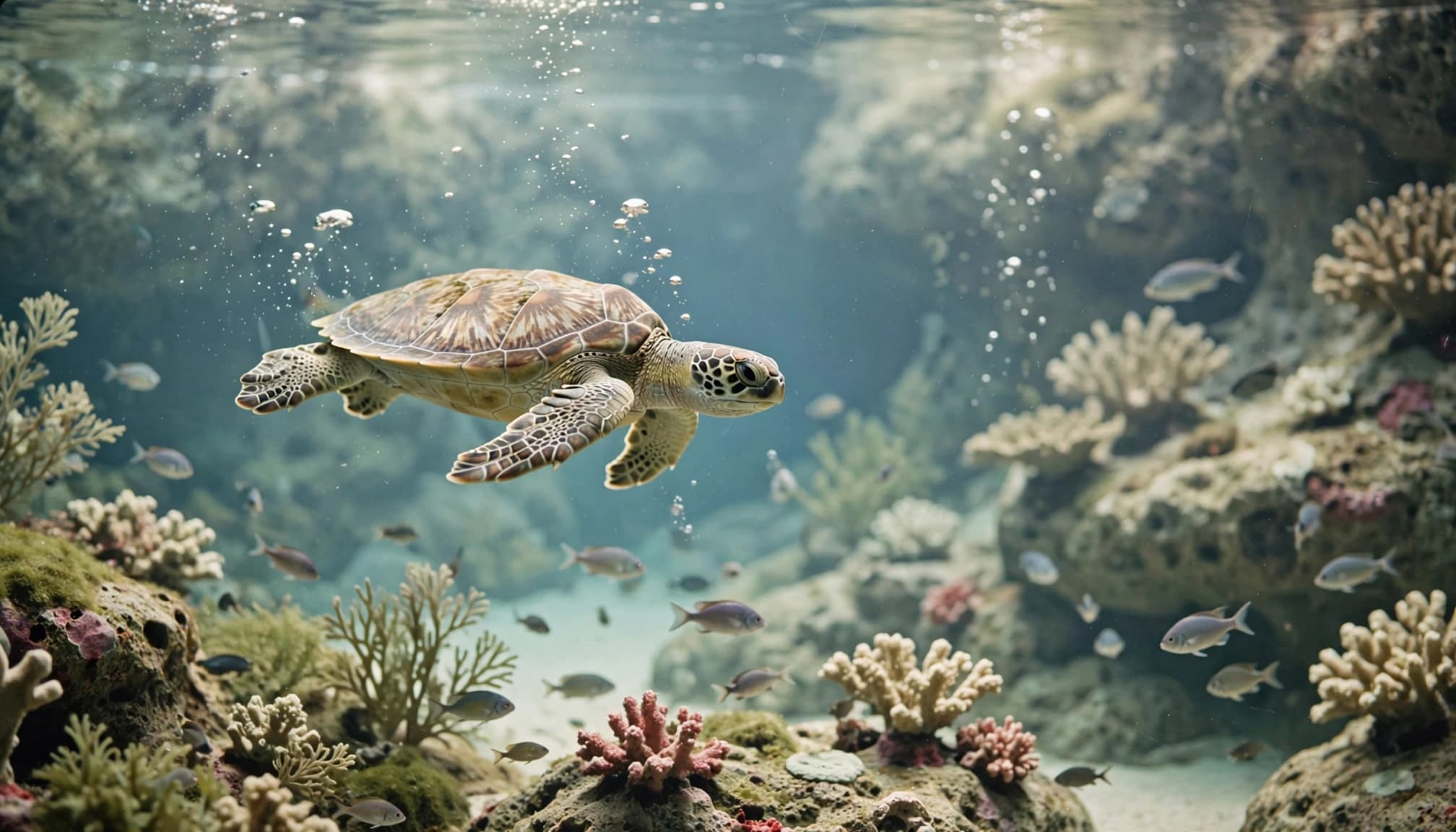 A sea turtle swims past small fish and plants in a clear aquarium.