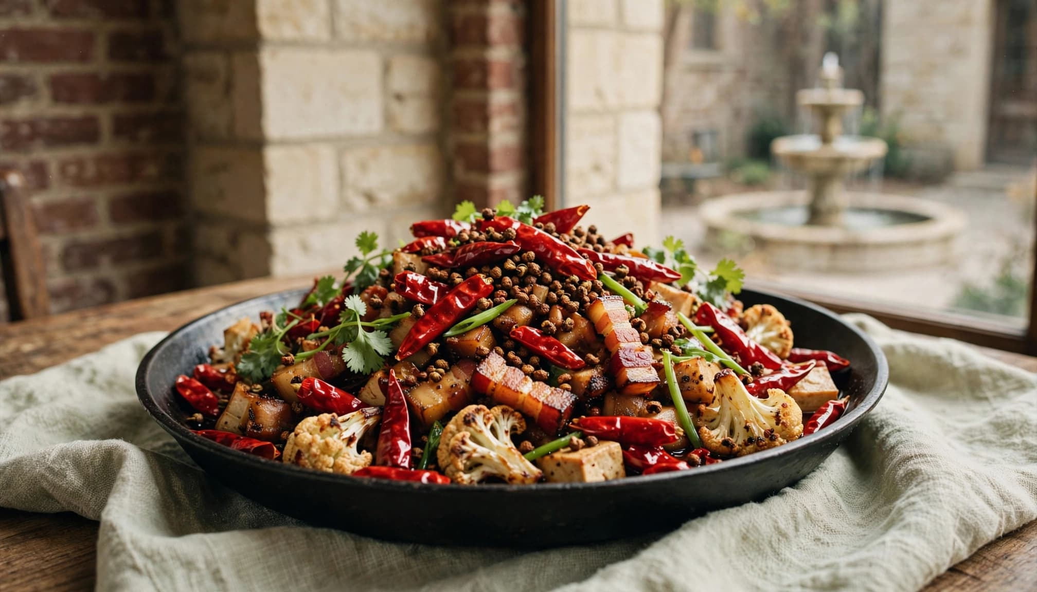 A spicy Sichuan dry pot with chilies, cauliflower, bacon, tofu, and herbs.