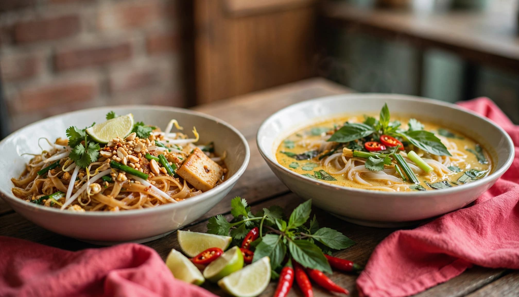 Pad Thai and curry noodle soup sit beside lime, chili, and fresh herbs.