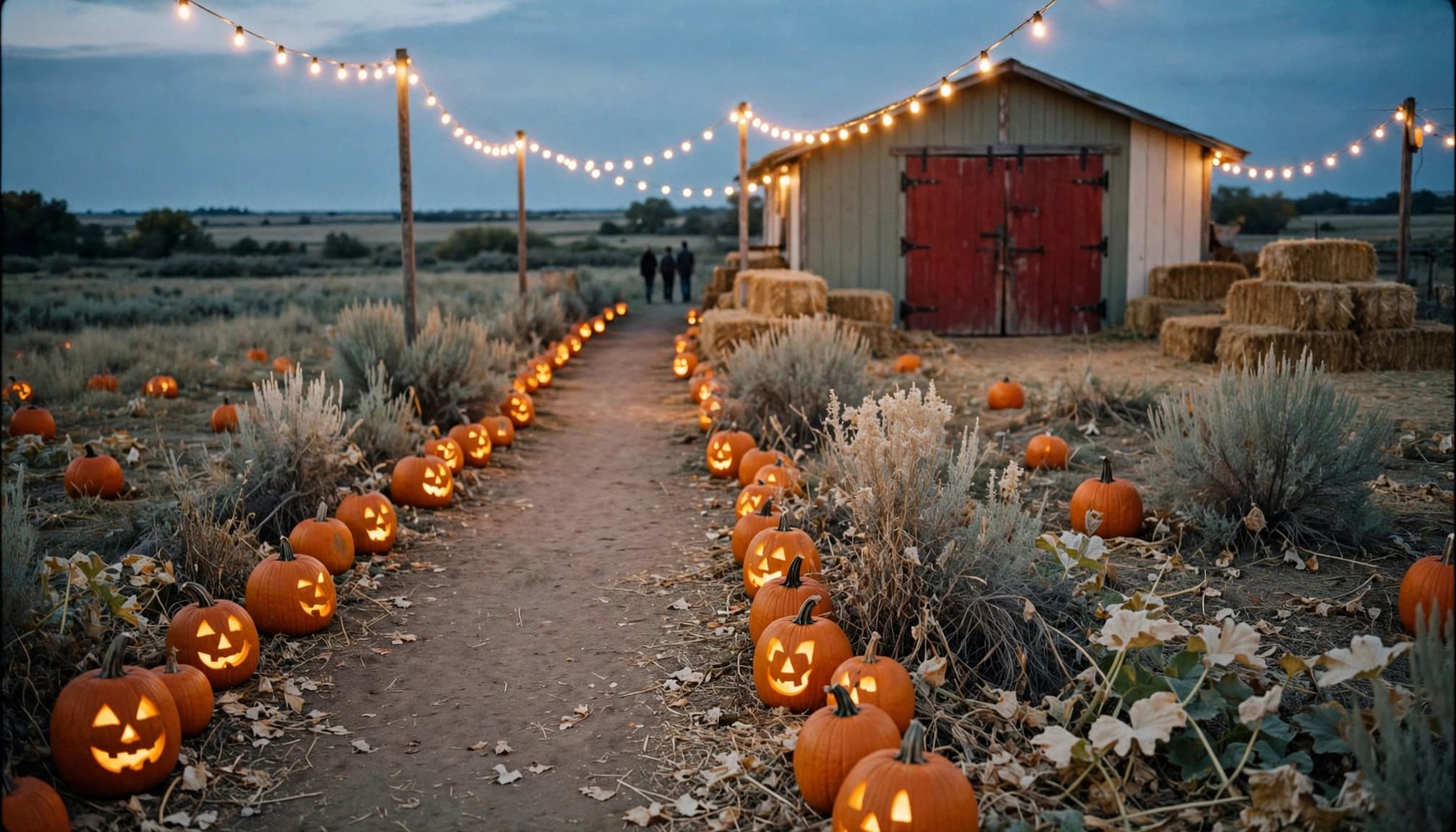 Glowing pumpkins guide three visitors past a rustic barn at dusk.